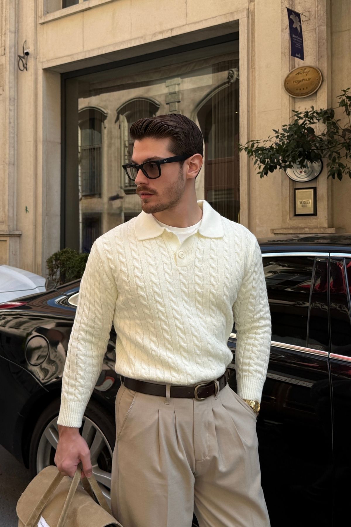 Livio Ferri Dovra Premium Saç Örgü Düğmeli Polo Yaka Beyaz Erkek Kalın Triko Kazak görsel 5