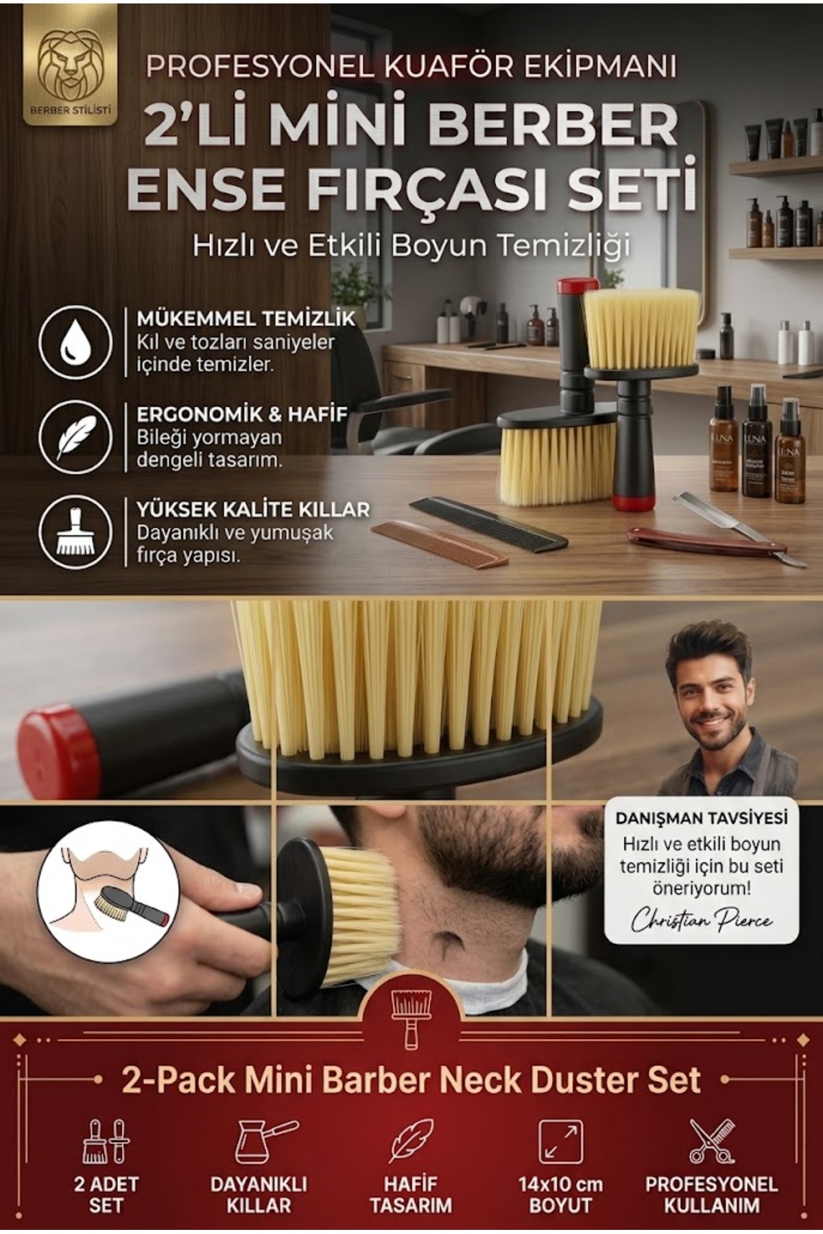 2'li Mini Berber Ense Fırçası Seti 14x10 cm Kuaför Boyun Temizleme Toz Alma Fırçası 723593 — صورتی 7430000719124 — تصویر 4 از 7