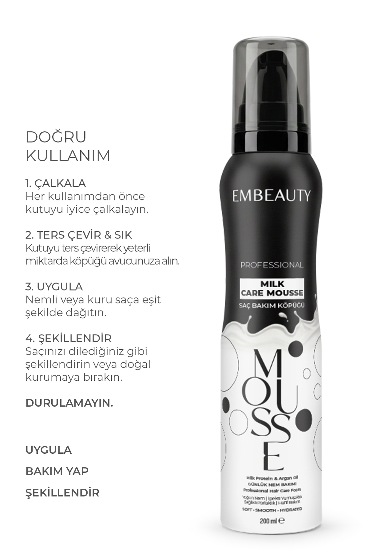 Milk Care Mousse Hacim ve Dolgunluk Veren Saç Bakım Köpüğü Milk Protein & Argan Oil 200 ml — milksaçköpük — تصویر 4 از 7