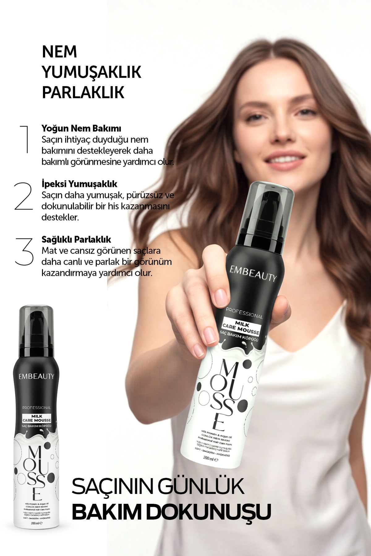 Milk Care Mousse Hacim ve Dolgunluk Veren Saç Bakım Köpüğü Milk Protein & Argan Oil 200 ml — milksaçköpük — تصویر 5 از 7