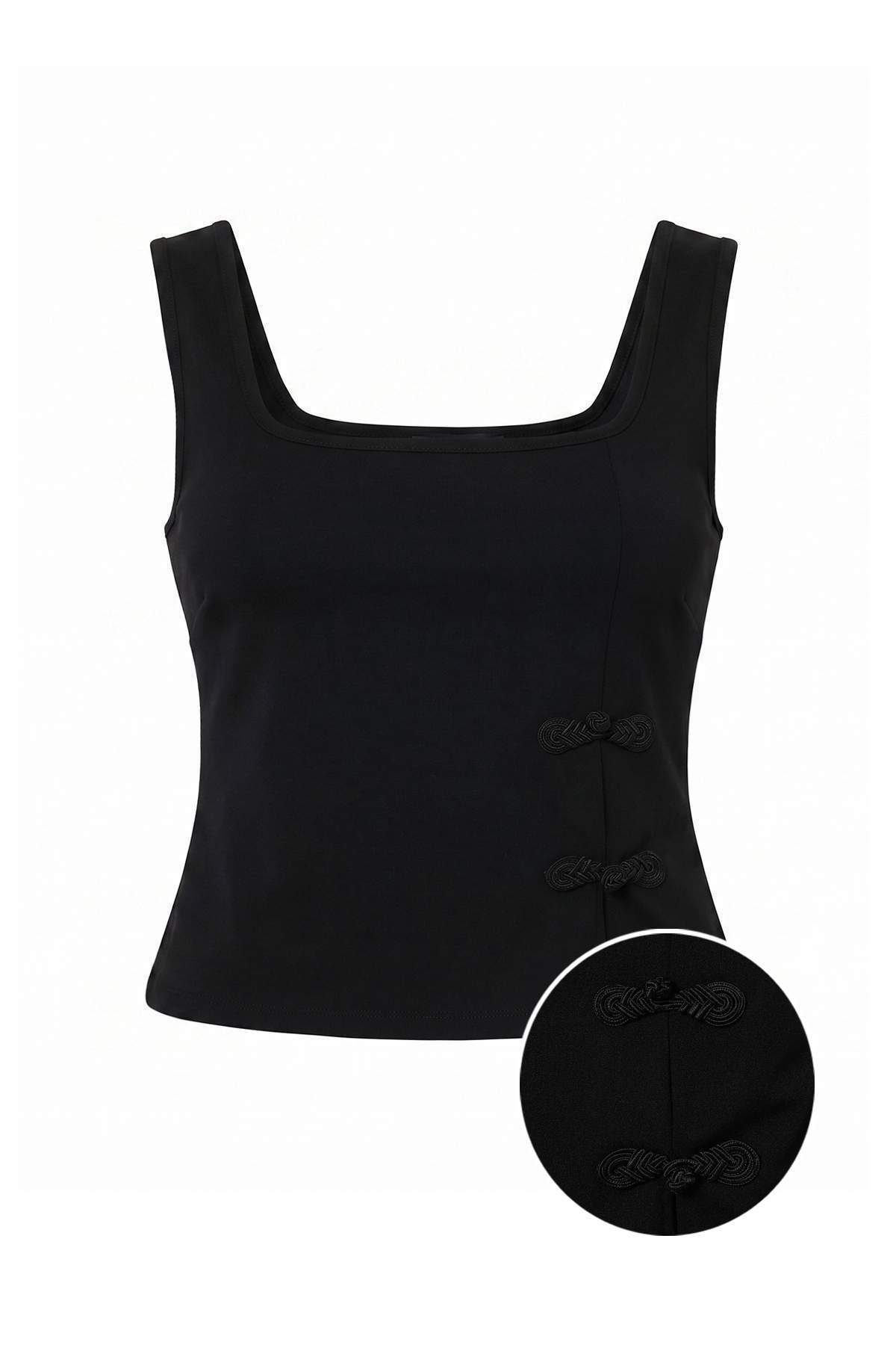 Trendyolmilla Siyah Çin Düğmeli Kare Yaka Kalın Askılı Fitted/Vücuda Oturan Örme Bluz TWOAW27BZ00280