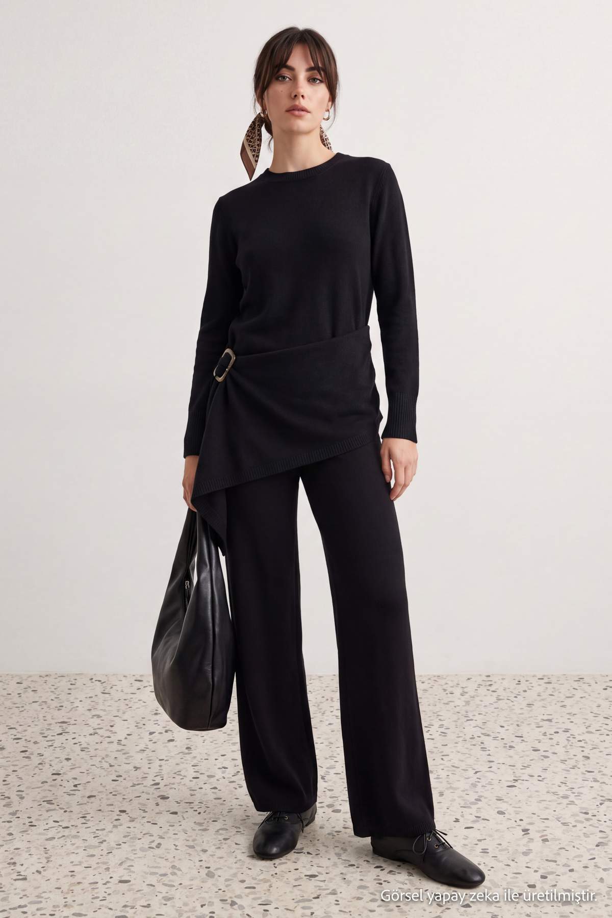 Trendyolmilla Modest Siyah Yumuşak Dokulu Oversize Düz Triko Tesettür Alt - Üst Takım TCTAW27US00010