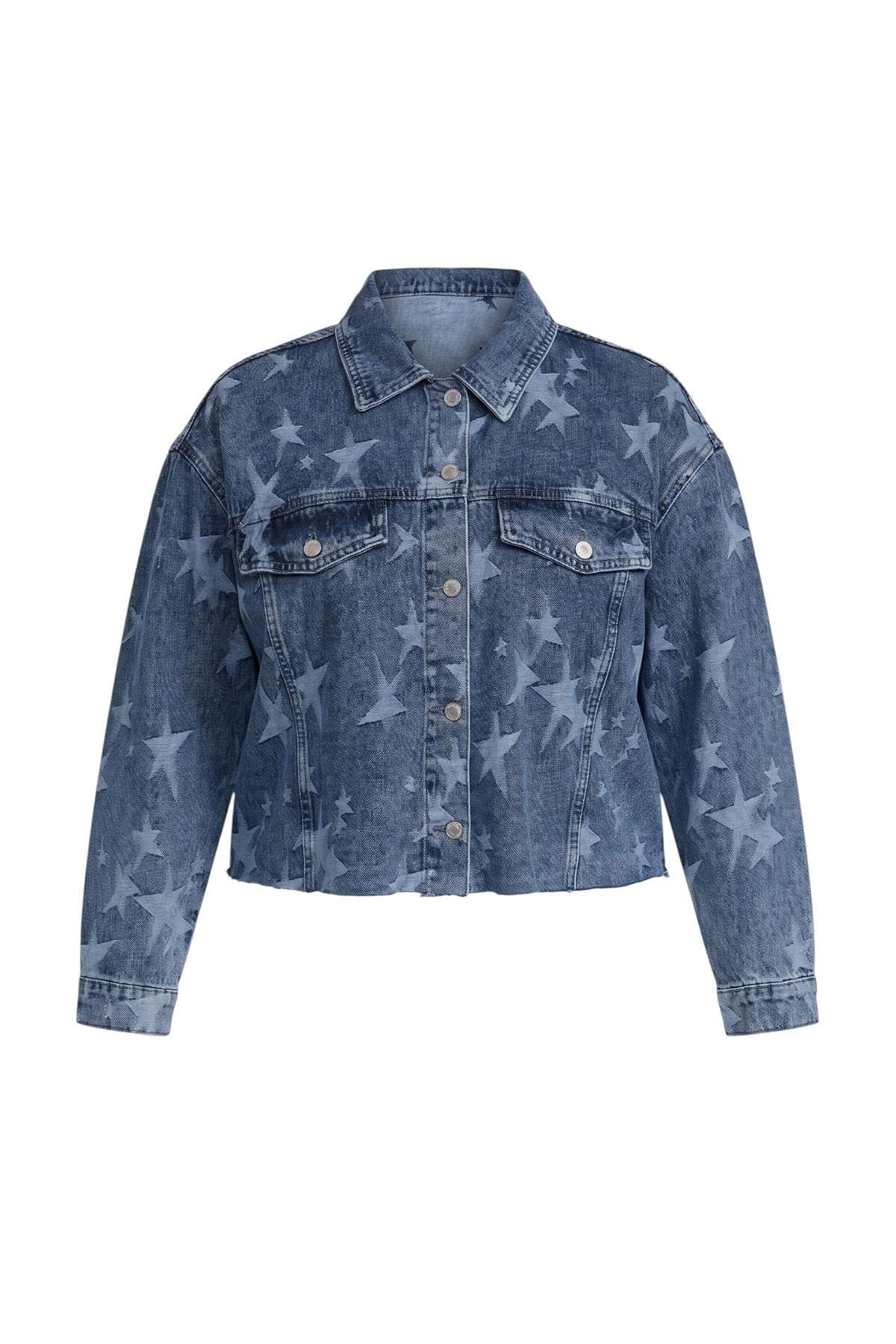 Trendyolmilla Curve Mavi Yıldız Desenli Gömlek Yaka Crop Boy Denim Büyük Beden Ceket TBBAW27AG00036