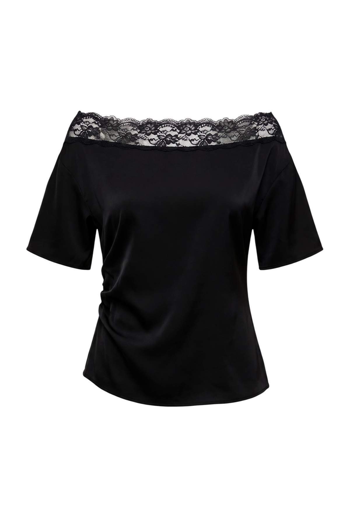 Trendyolmilla Siyah Dantel Detaylı Kayık Yaka Dokuma Bluz TWOAW27BZ00228