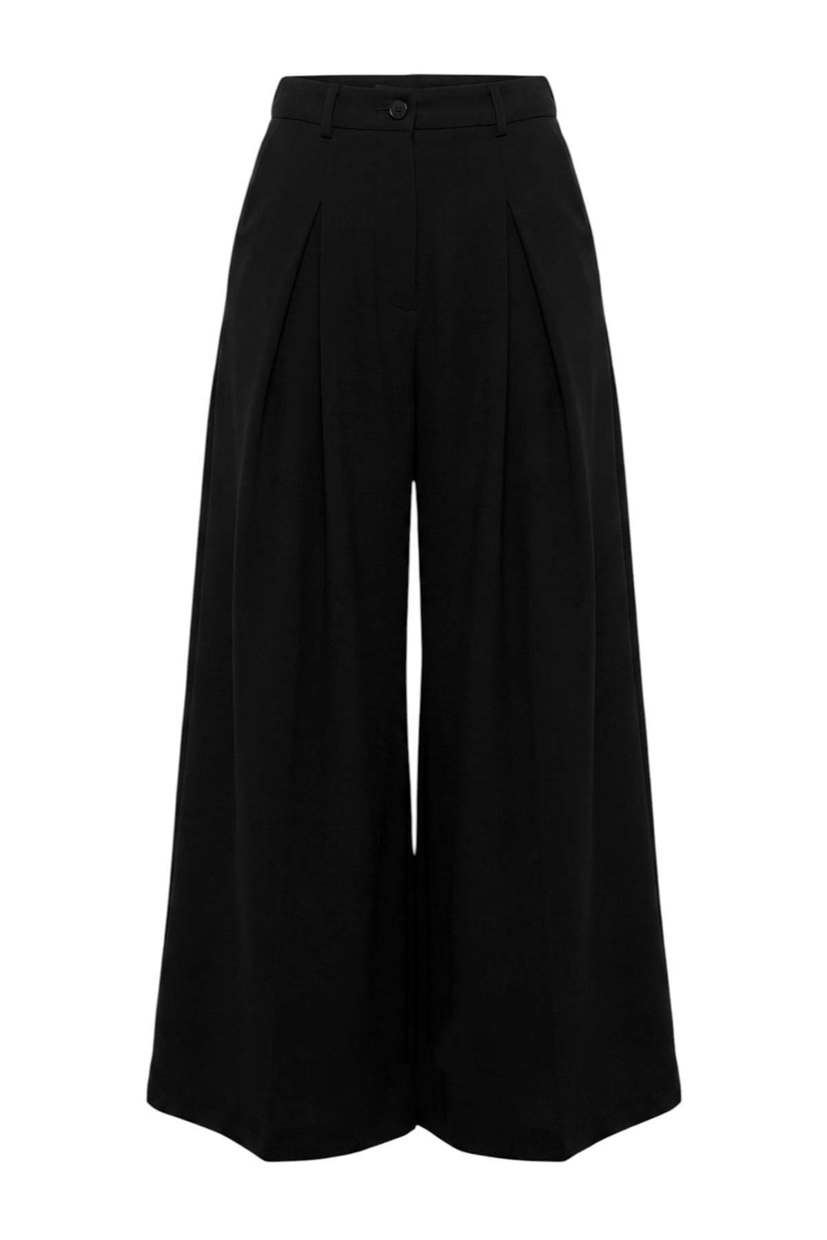 Trendyolmilla Siyah Düz Wide Leg/Geniş Paça Pile Detaylı Örme Pantolon TWOAW27PL00049