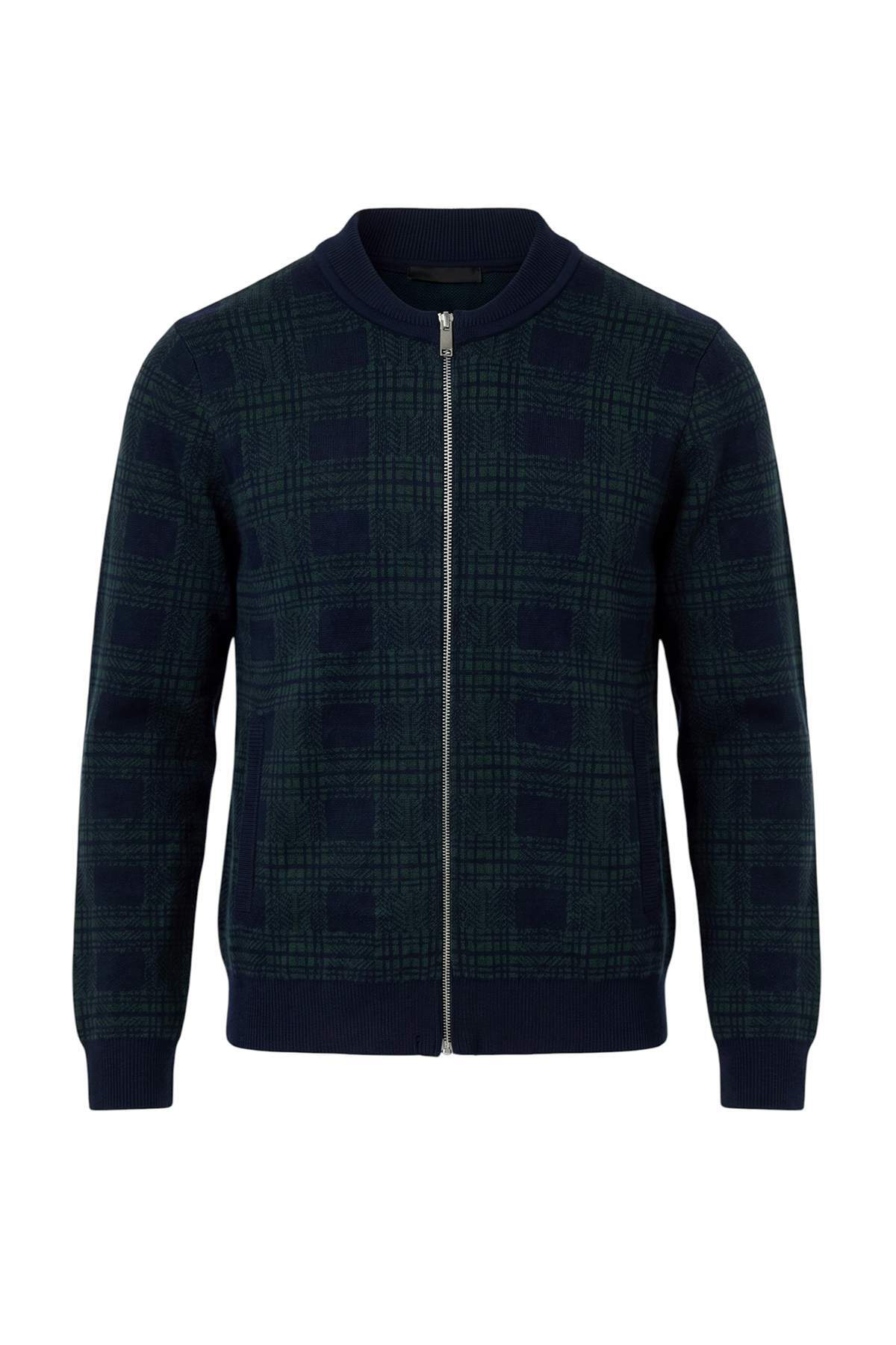 Trendyolmilla Lacivert Premium İplik/Özel İplik Ekose Desenli Triko Hırka TWOAW27HI00123