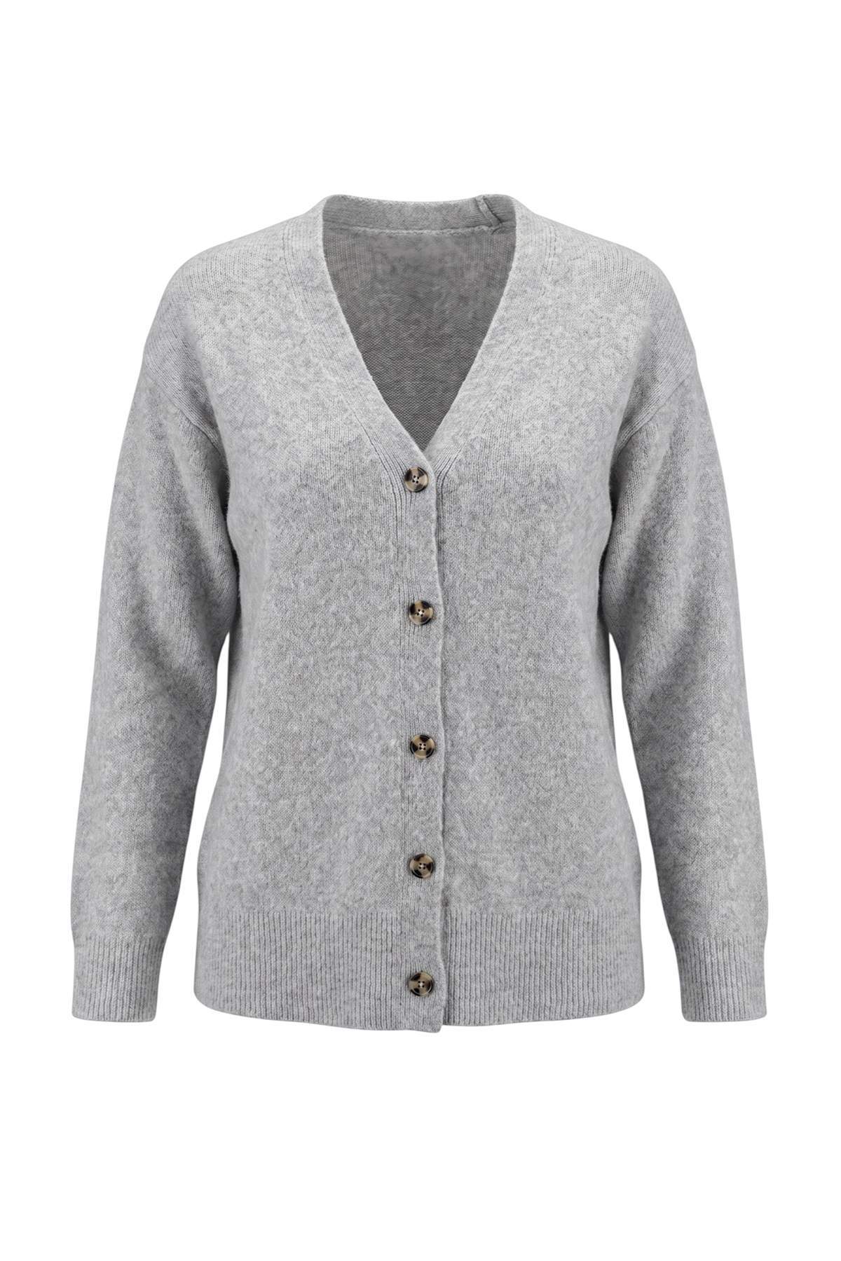 Trendyolmilla Wardrobe Essentials Gri Yumuşak Dokulu V Yaka Oversize Triko Hırka TWOAW27HI00100