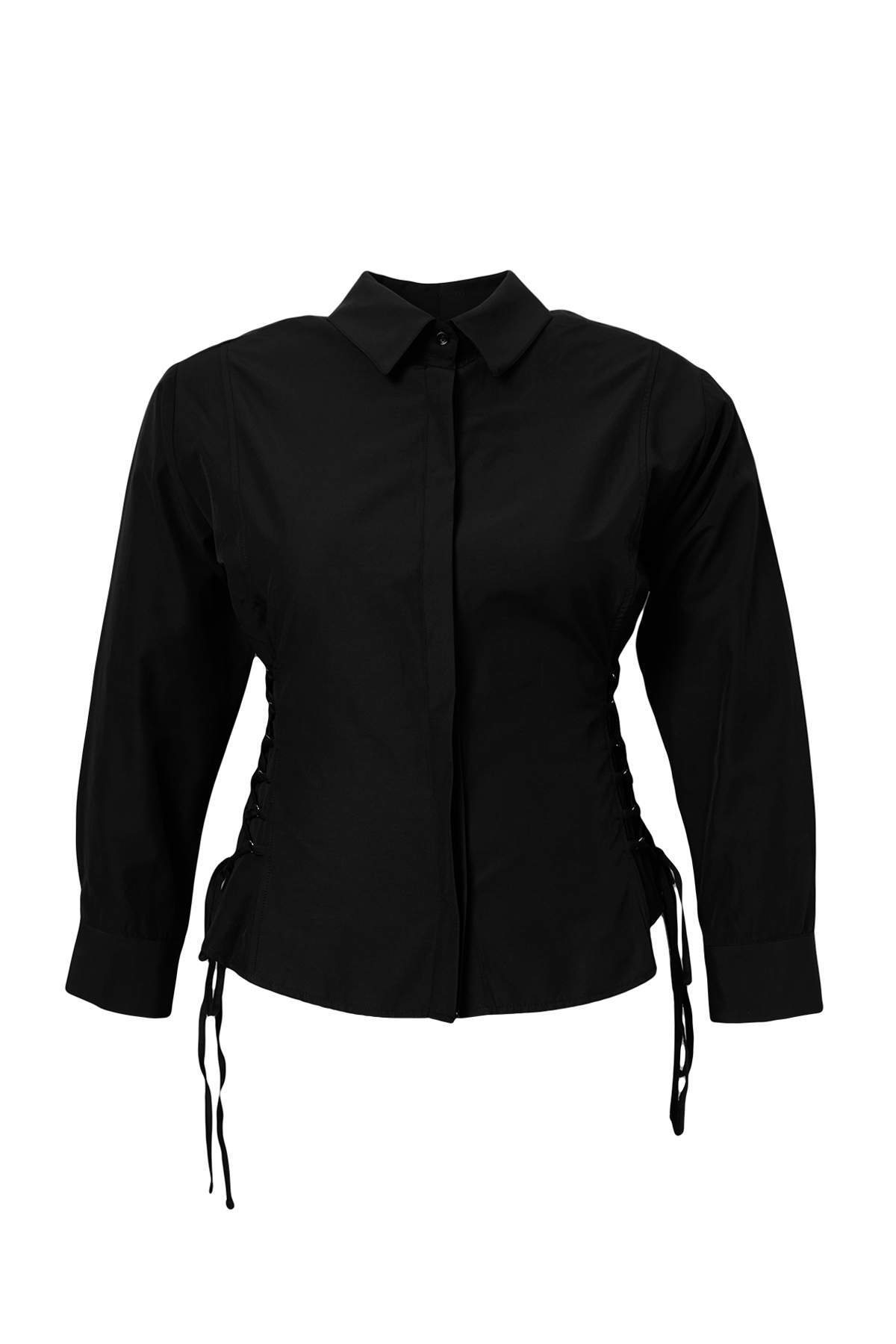 Trendyolmilla Curve Siyah Belden Bağcıklı Ayarlanabilir Şık/Gece Büyük Beden Gömlek TBBAW27AX00009