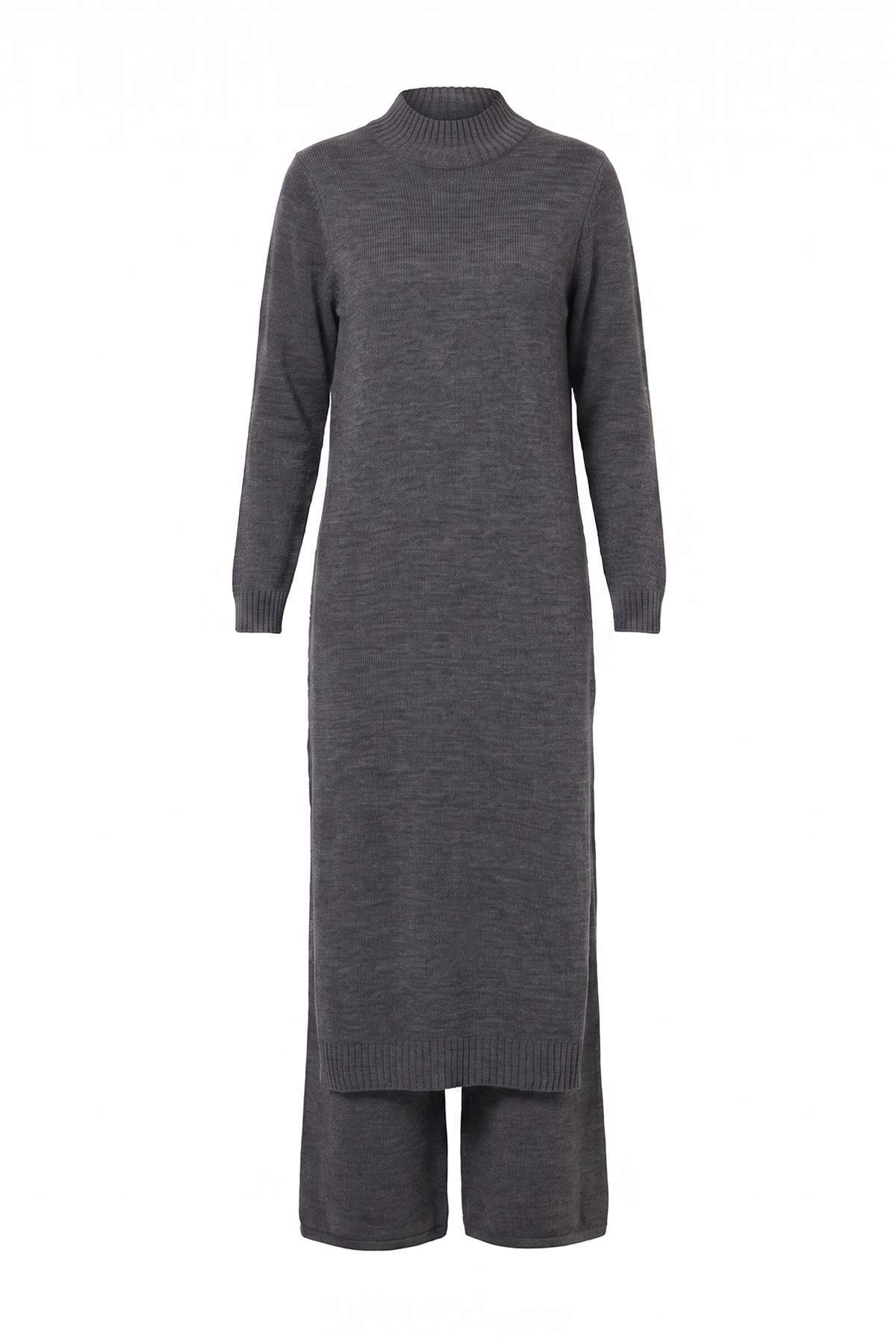Trendyolmilla Modest Antrasit Dik Yaka Regular Düz Yırtmaçlı Triko Tesettür Alt - Üst Takım TCTAW27US00023