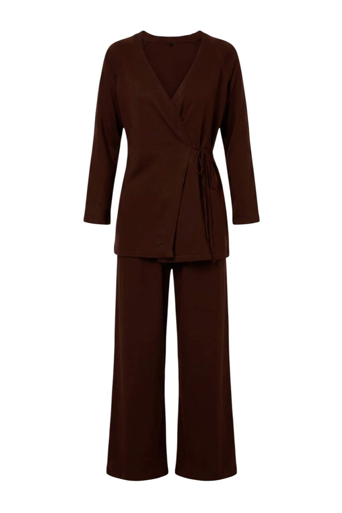 Trendyolmilla Modest Kahverengi Kinemo Bağlama Detaylı Oversize Triko Tesettür Alt - Üst Takım TCTAW27US00014