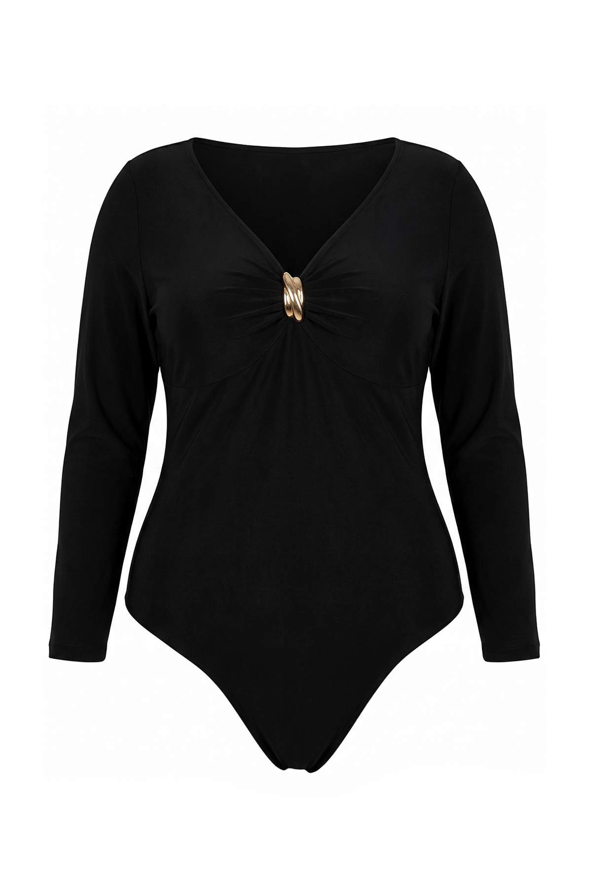 Trendyolmilla Curve Siyah Aksesuar Detaylı V Yaka Vücuda Oturan Esnek Örme Alttan Çıt Çıtlı Body TBBAW27CS00020