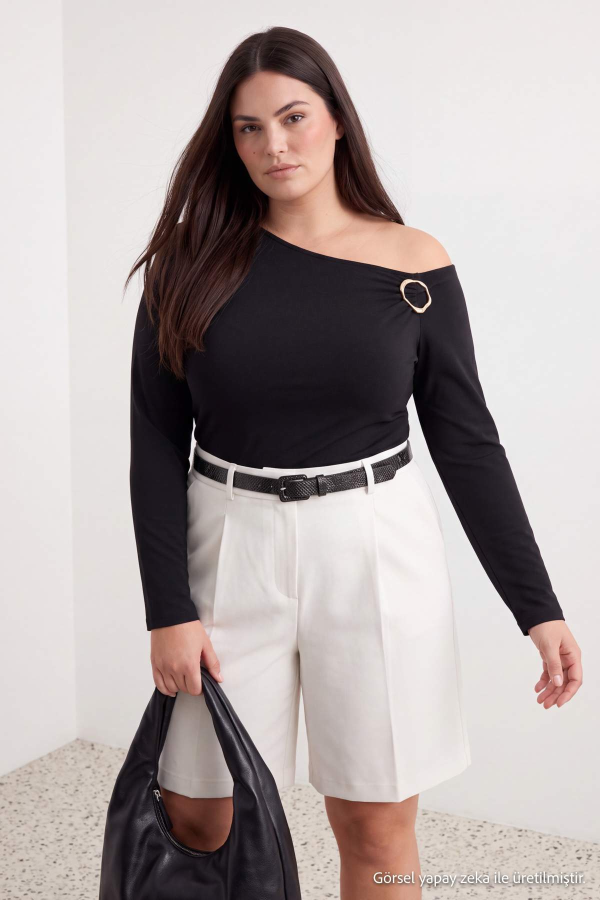 Trendyolmilla Curve Siyah Fitted/Vücuda oturan Aksesuar Detaylı Asimetrik Yaka Esnek Örme Bluz TBBAW27AF00040