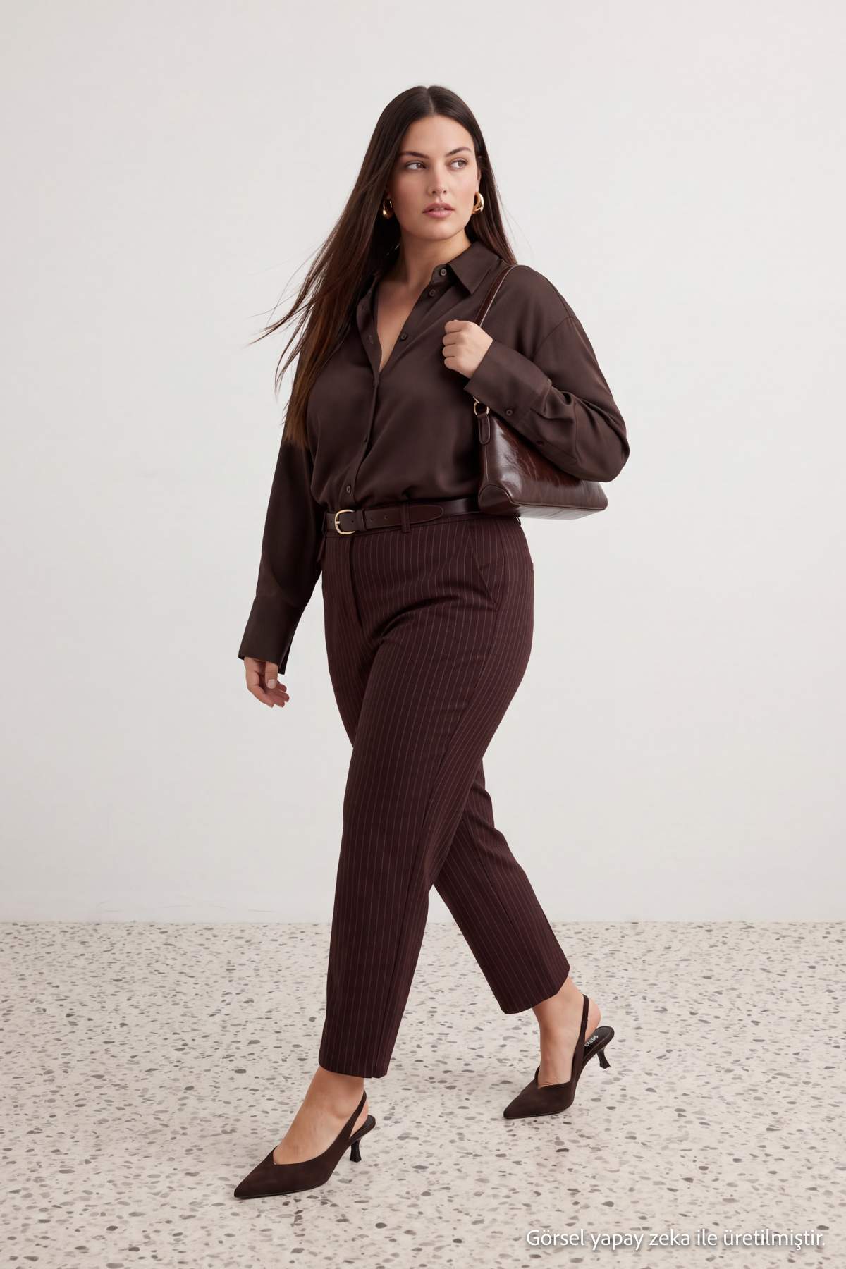 Trendyolmilla Curve Kahverengi Yüksek Bel Çizgili Geniş Paça Büyük Beden Pantolon TBBAW27AR00017