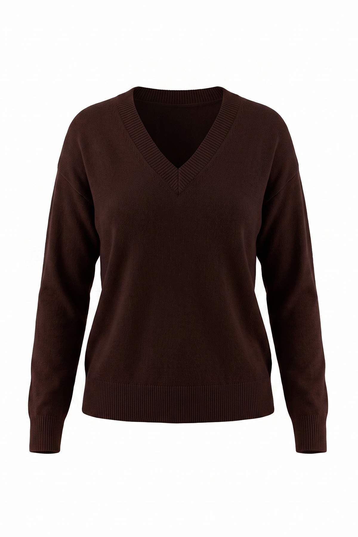 Trendyolmilla Wardrobe Essentials Kahverengi Kaşmirli V Yaka Düşük Kol Triko Kazak TWOAW27KZ00078