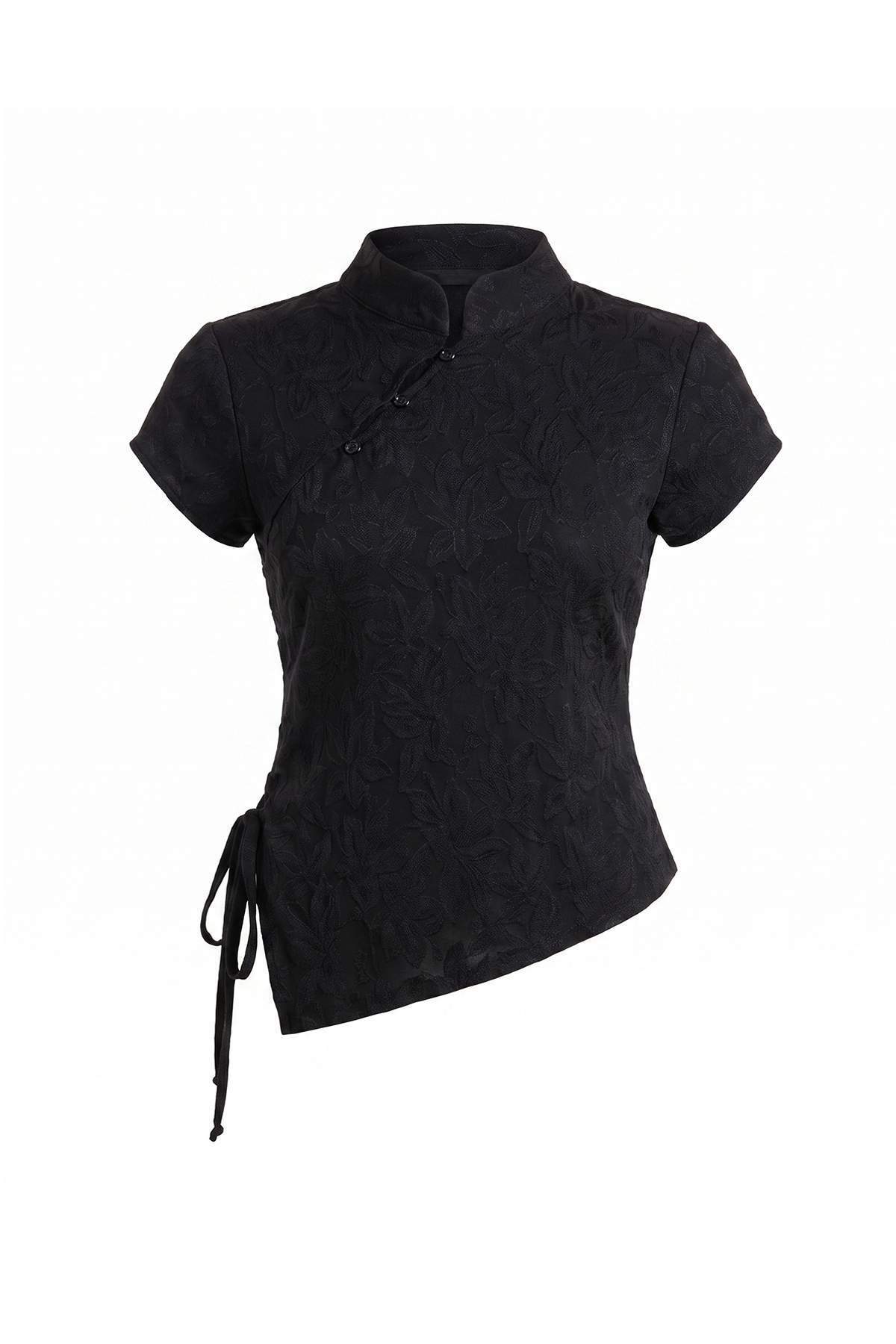 Trendyolmilla Siyah Çiçekli Fitted/Vücuda Oturan Hakim Yaka Düğme ve Bağlamalı Jakar Örme Bluz TWOAW27BZ00219