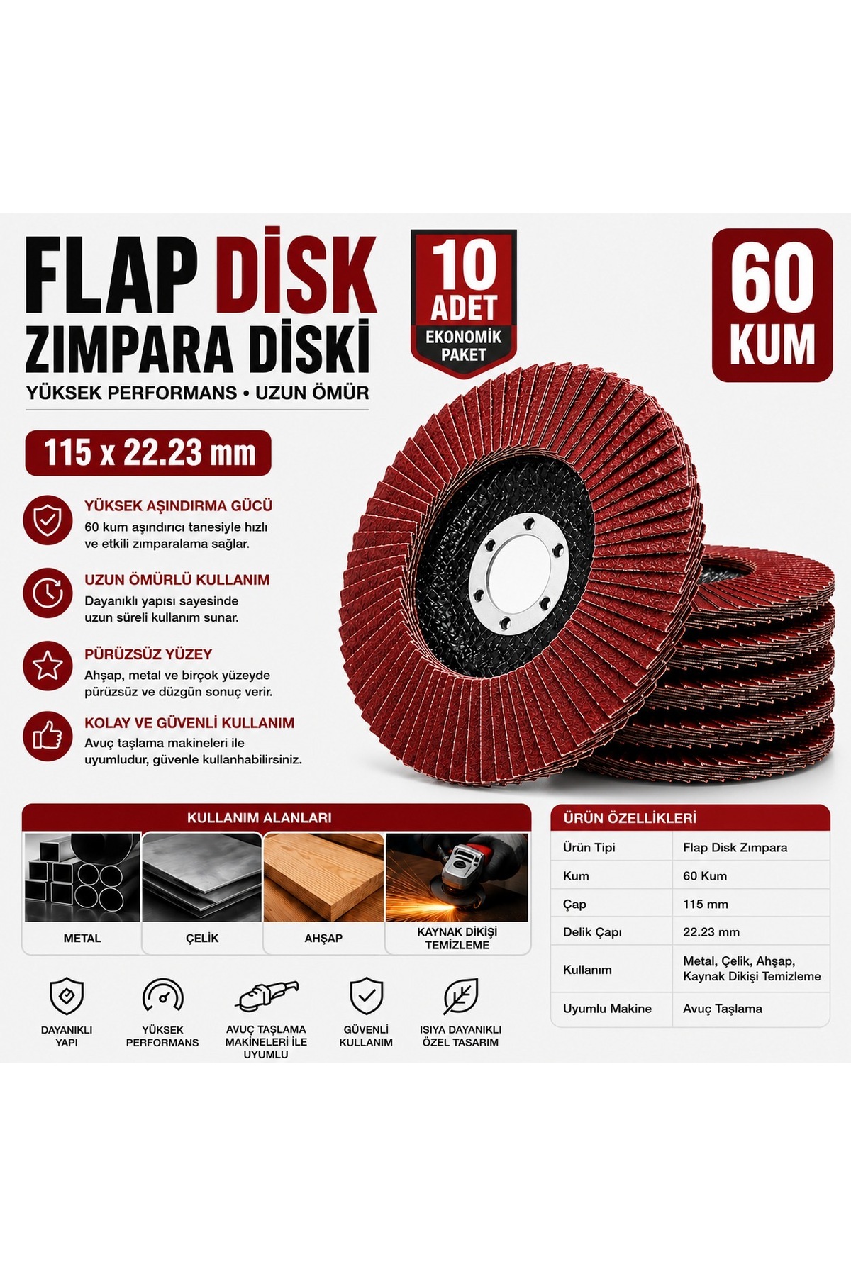 Trendhane 10 Adet Profesyonel Flap Disk Seti, 115mm Zımpara Taşı