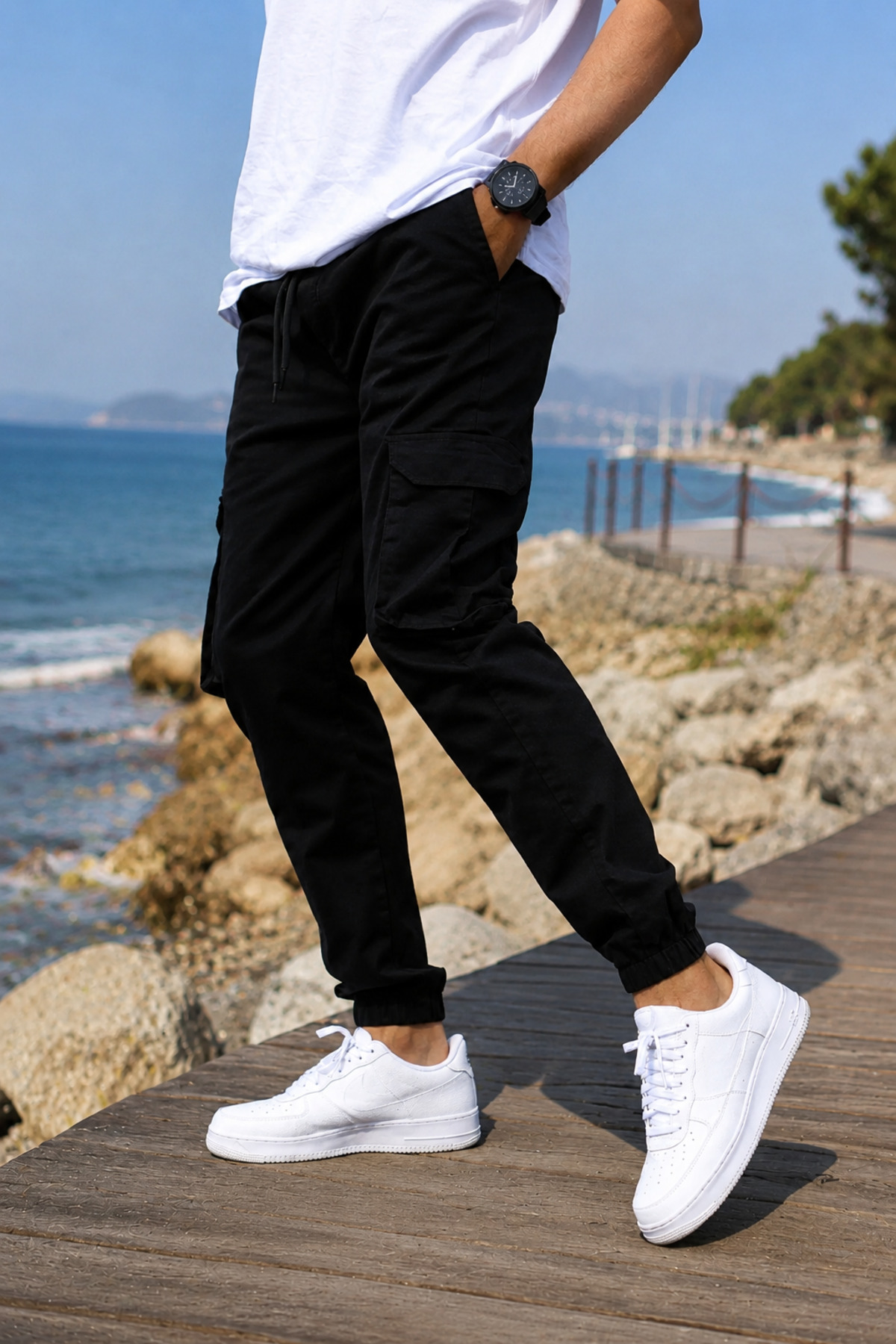 Erkek Kargo Pantolon Jogger Kargo Cepli Likralı Beli ve Paçası Lastikli Rahat Kesim — مشکی ZAT7 — تصویر 3 از 6