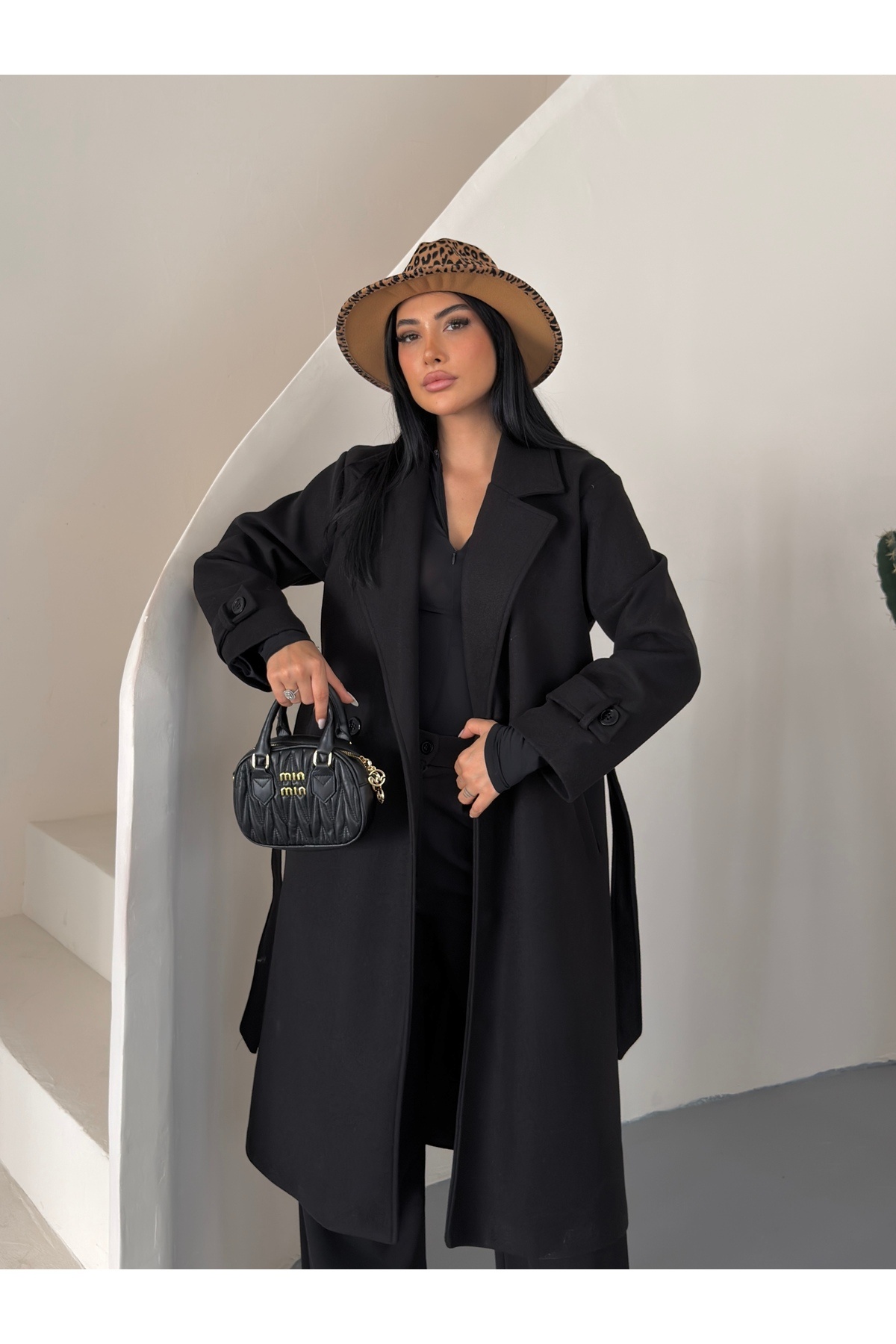 VESS MODA Kadın Kuşak ve Düğmeli Uzun Kaşe Kaban Siyah görsel 3