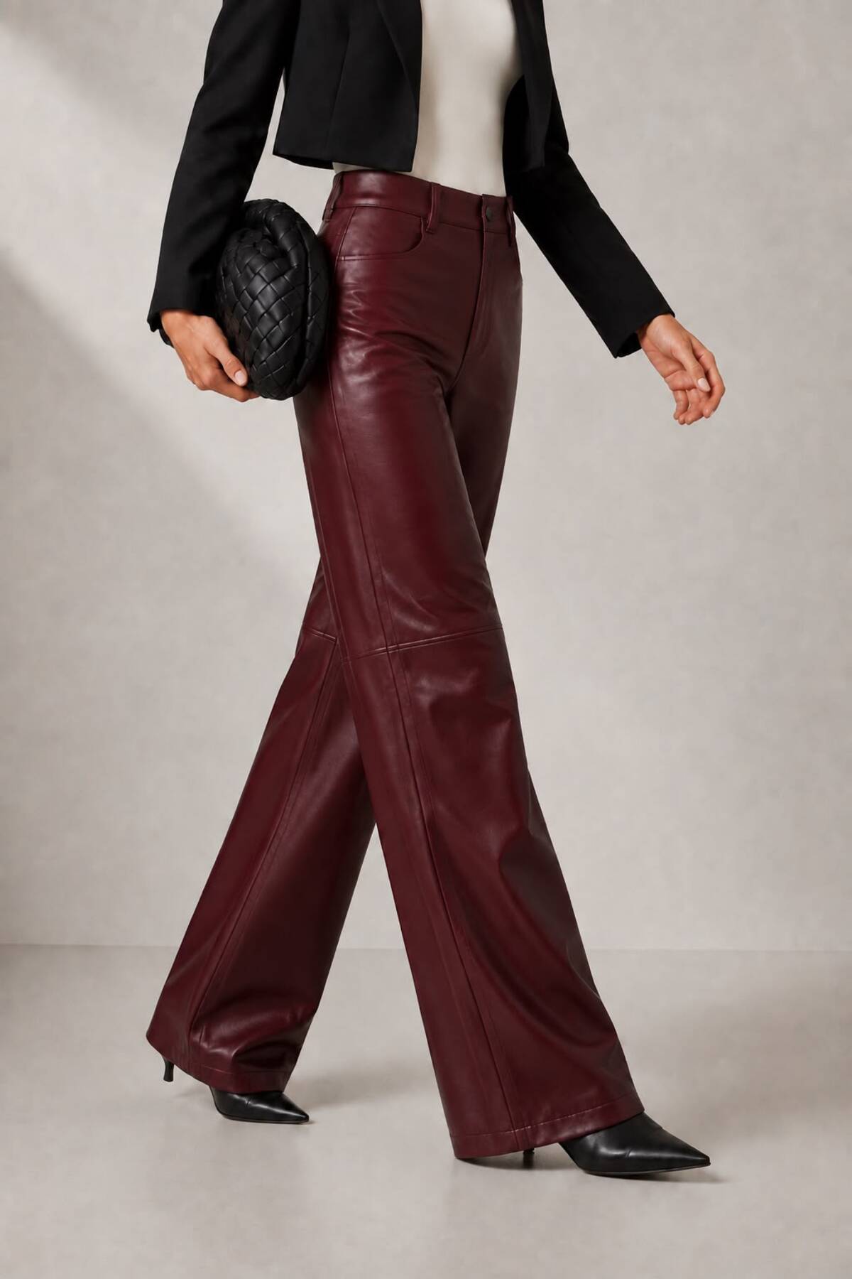 Grenj Fashion Bordo Relaxed Boru Paça Dikiş Detaylı Deri Pantolon görsel 5