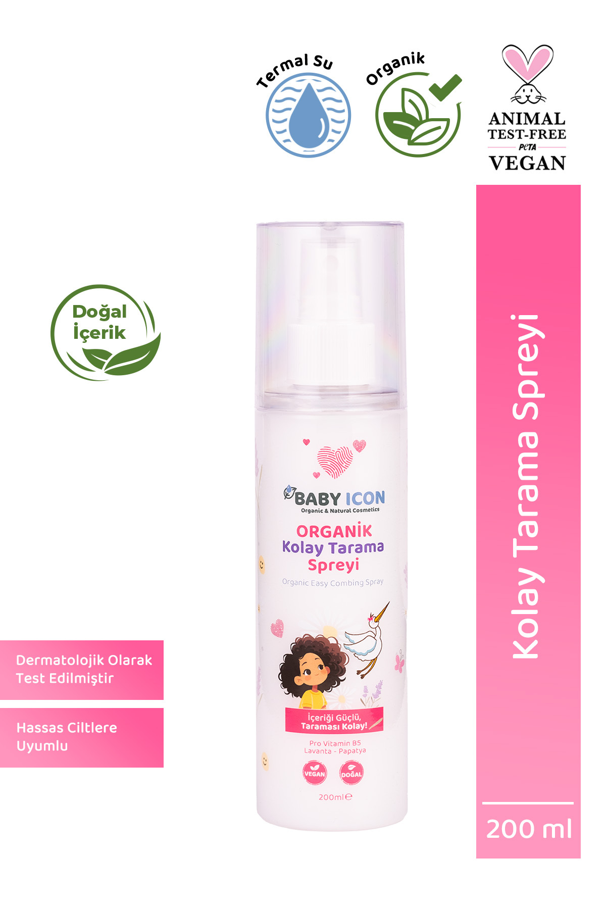 Baby İcon %100 Organik Vegan Kolay Saç Tarama Spreyi Çocuklar İçin Nemlendirici Lavanta Papatya Özlü 200ML — organik-vegan-kolay-tarama-spreyi