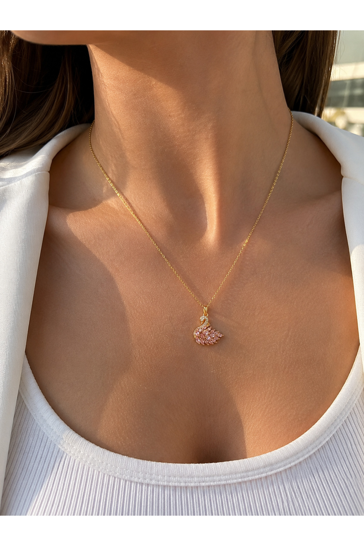 ATALYA ACCESSORY Kuğu Modeli Taş Detaylı Minimal Zirkon Taşlı Zincir Paslanmaz Çelik Kolye görsel 6