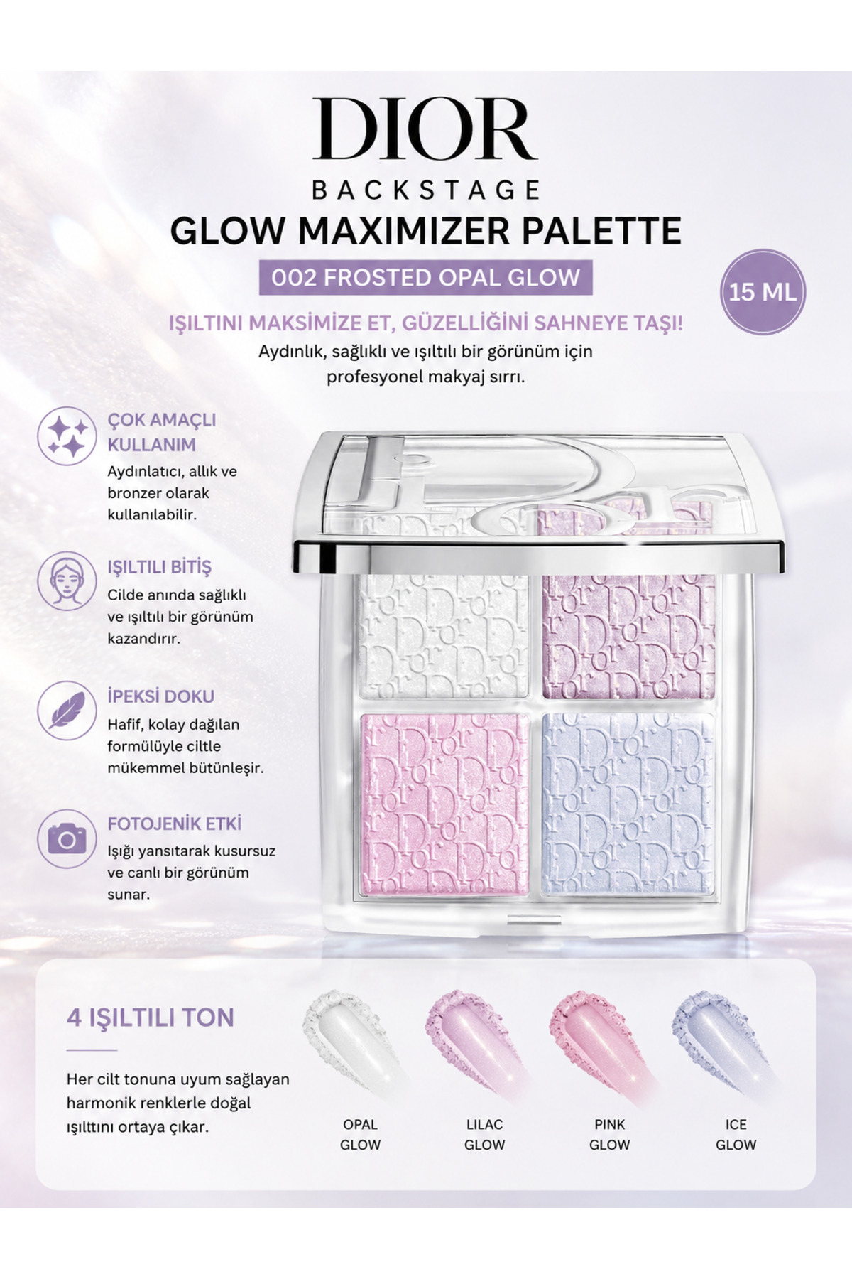 Backstage Glow Maximizer Doğal Işıltı Veren 4’lü Aydınlatıcı & Glow Yüz Paleti 15ml — 002 FROSTED OPAL GLOW