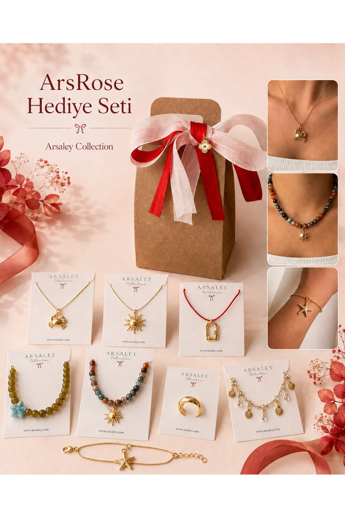Arsaley Rose Gold Bijuteri Hediye Kolye ve Aksesuar Seti