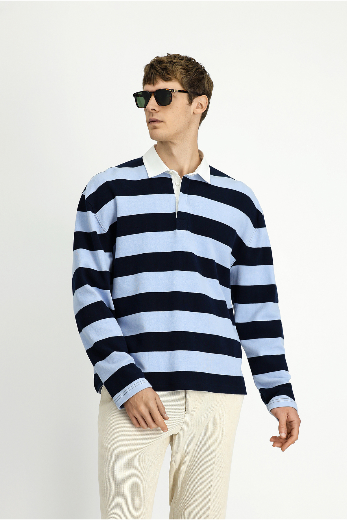 Polo Yaka Oversize Ekstra Rahat Kesim Çizgili Pamuk Sweatshirt — آبی KK26CBC0CZ001 — تصویر 3 از 7