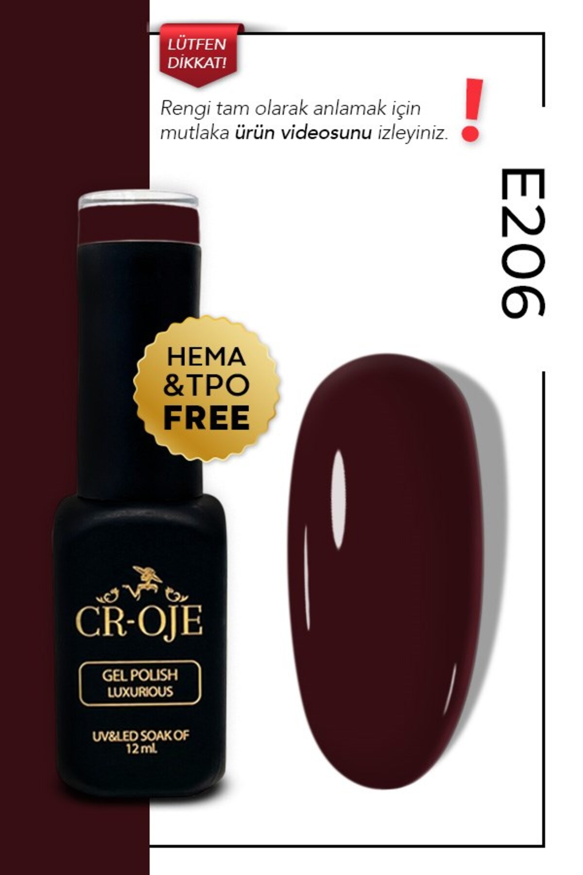 Kalıcı Oje Koyu Bordo - E206 (12 ML.) — رنگارنگ 5mlbordokalicioje