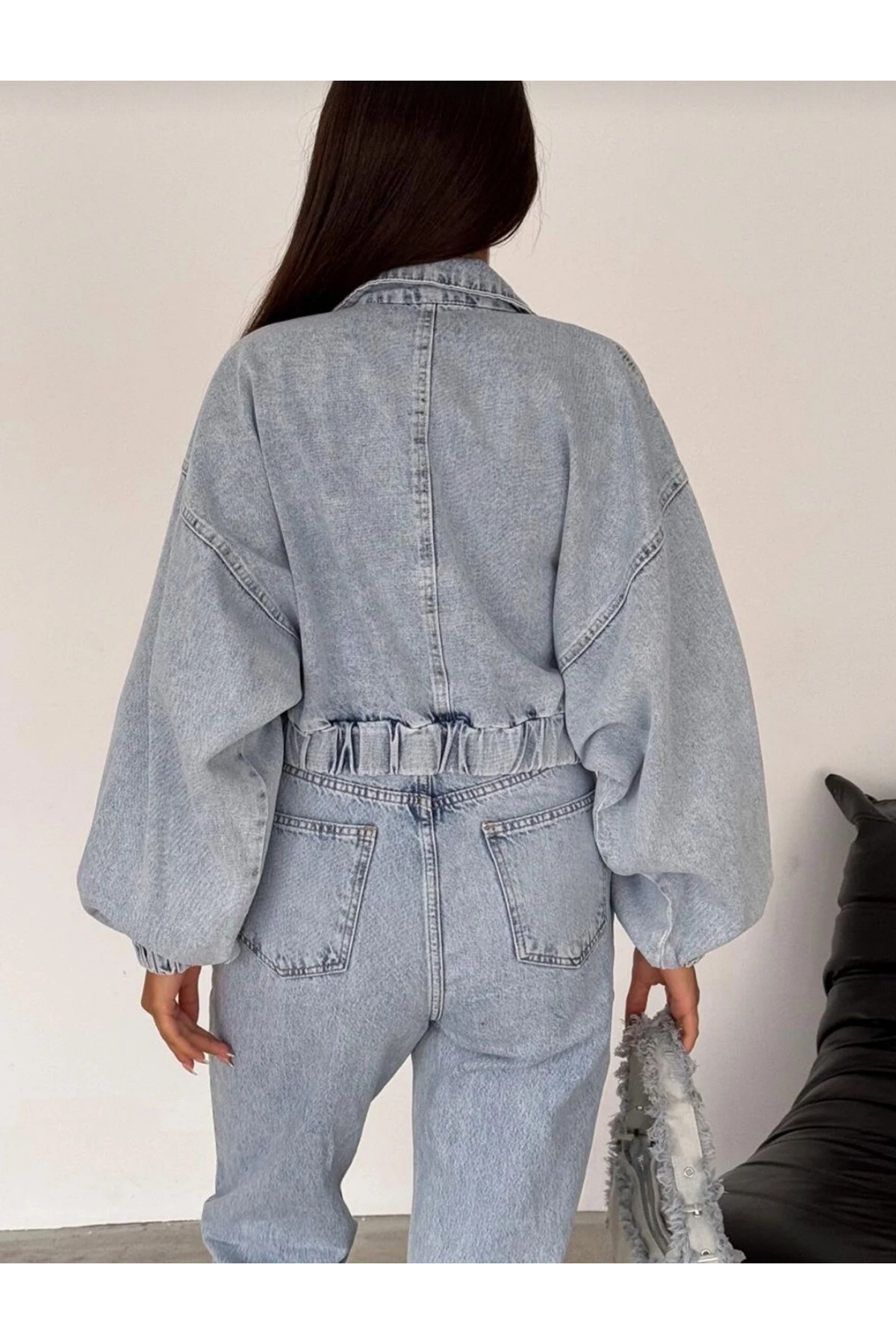 Myawomenswear Kadın Açık Mavi Kısa Denim Ceket, Elastik Manşetli Crop Model görsel 6