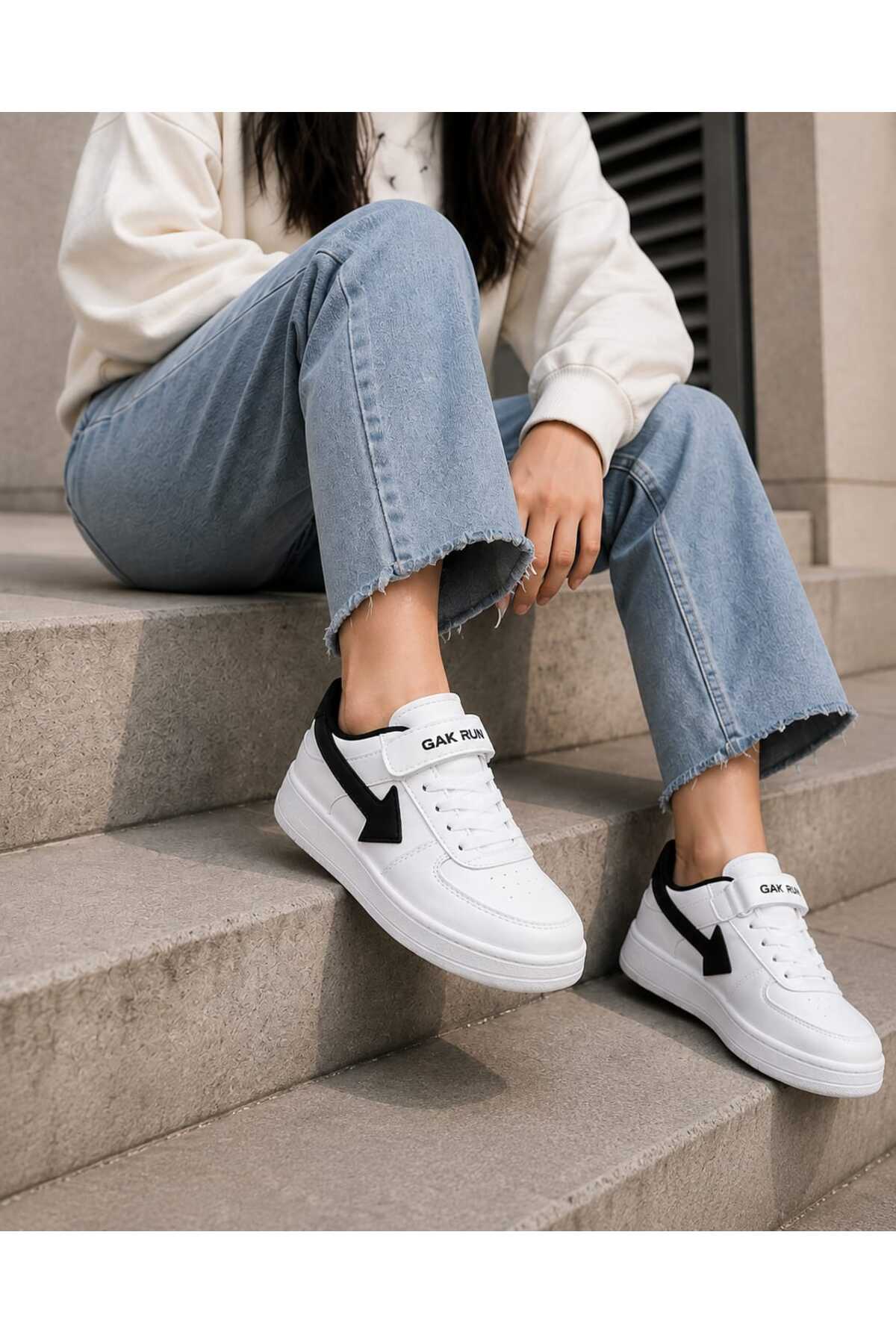 GAK RUN Beyaz Siyah Cırtlı Unisex Günlük Sneaker Spor Ayakkabı görsel 2