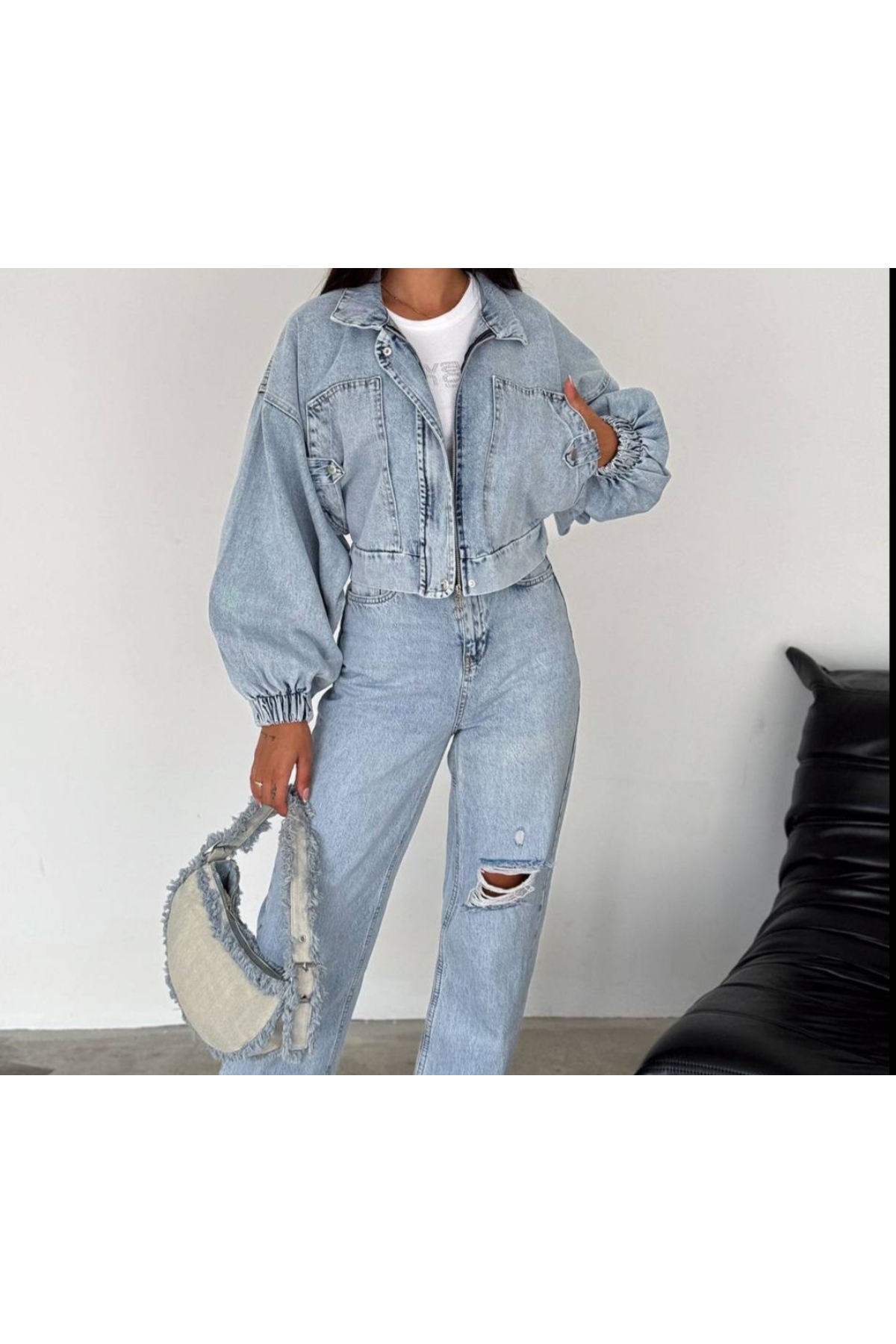 Myawomenswear Kadın Açık Mavi Kısa Denim Ceket, Elastik Manşetli Crop Model görsel 5