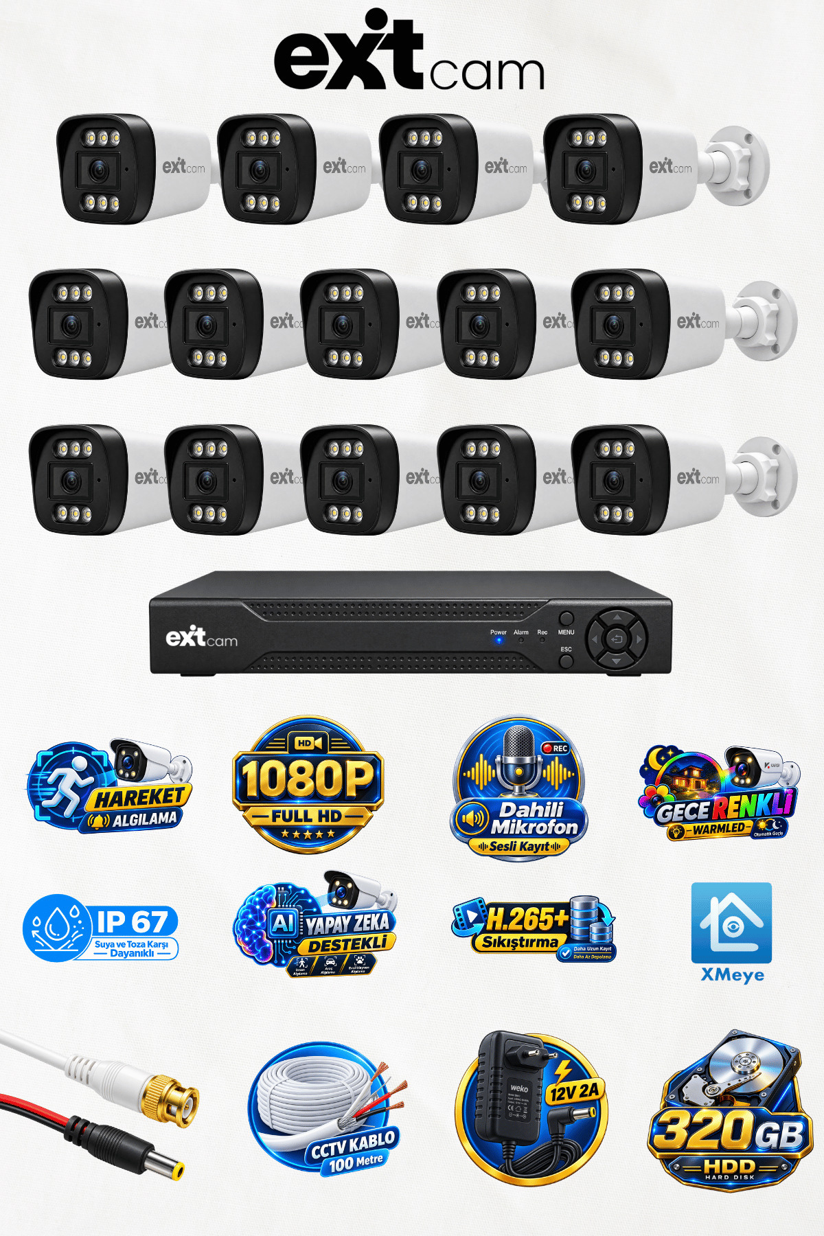 EXİTCAM 14'lü AHD Ultra Full HD-6 Warm Led - Yapay Zeka Yüz ve Araç Tanımalı-Gece Renkli - Sesli Ka
