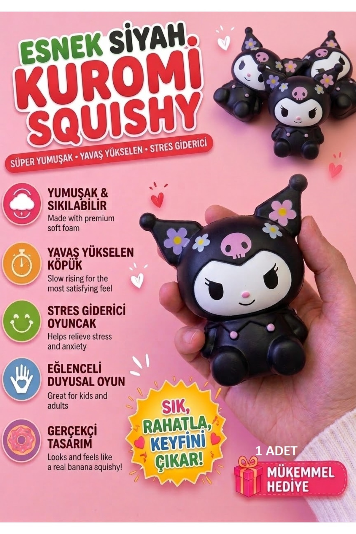 OYUNCAKSAHİLİ Fufu Squishy Kuromi Simli Yıldızlı Boncuklu 14cm