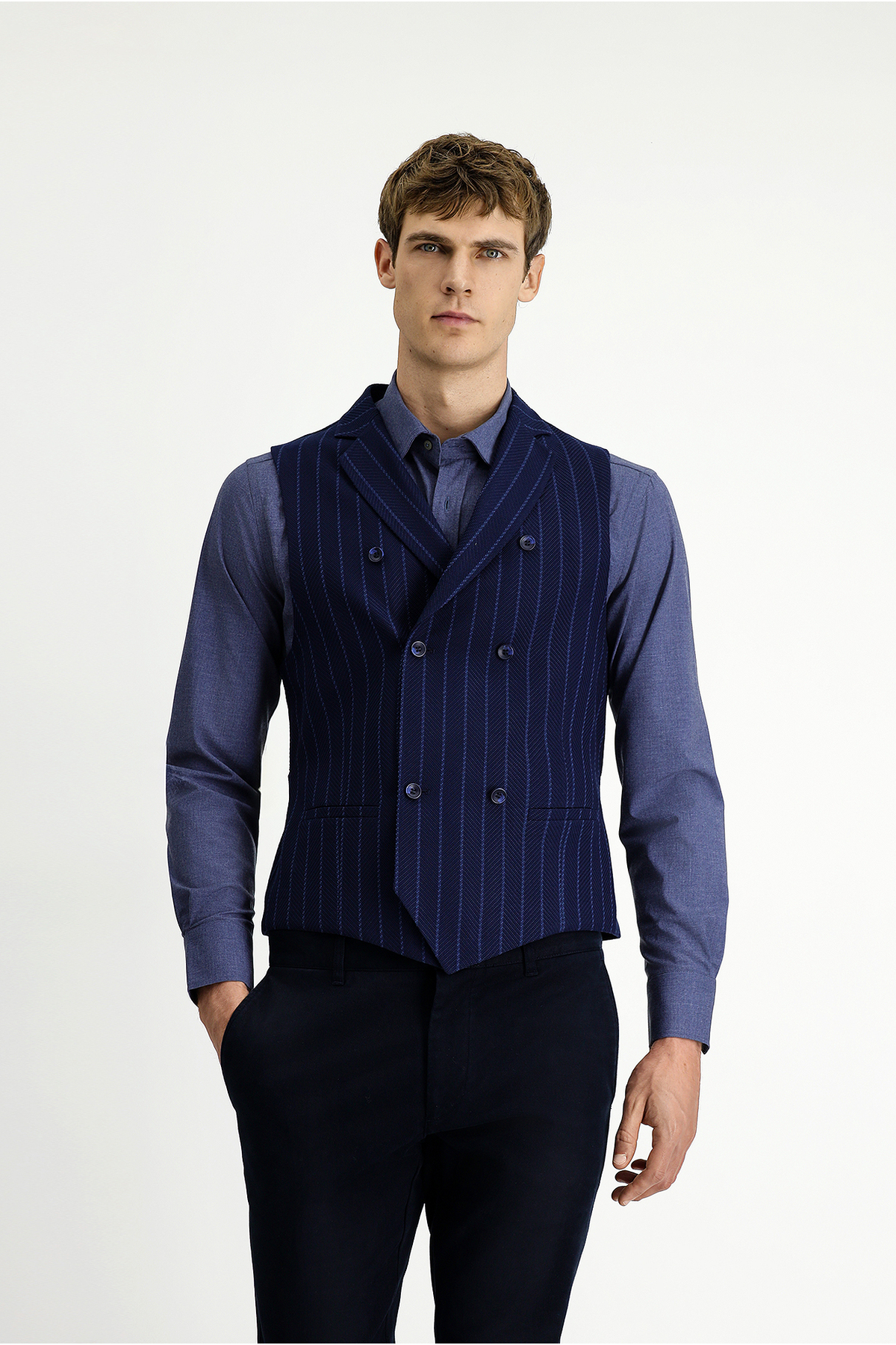 Kiğılı Slim Fit Dar Kesim Çizgili Klasik Kruvaze Yelek
