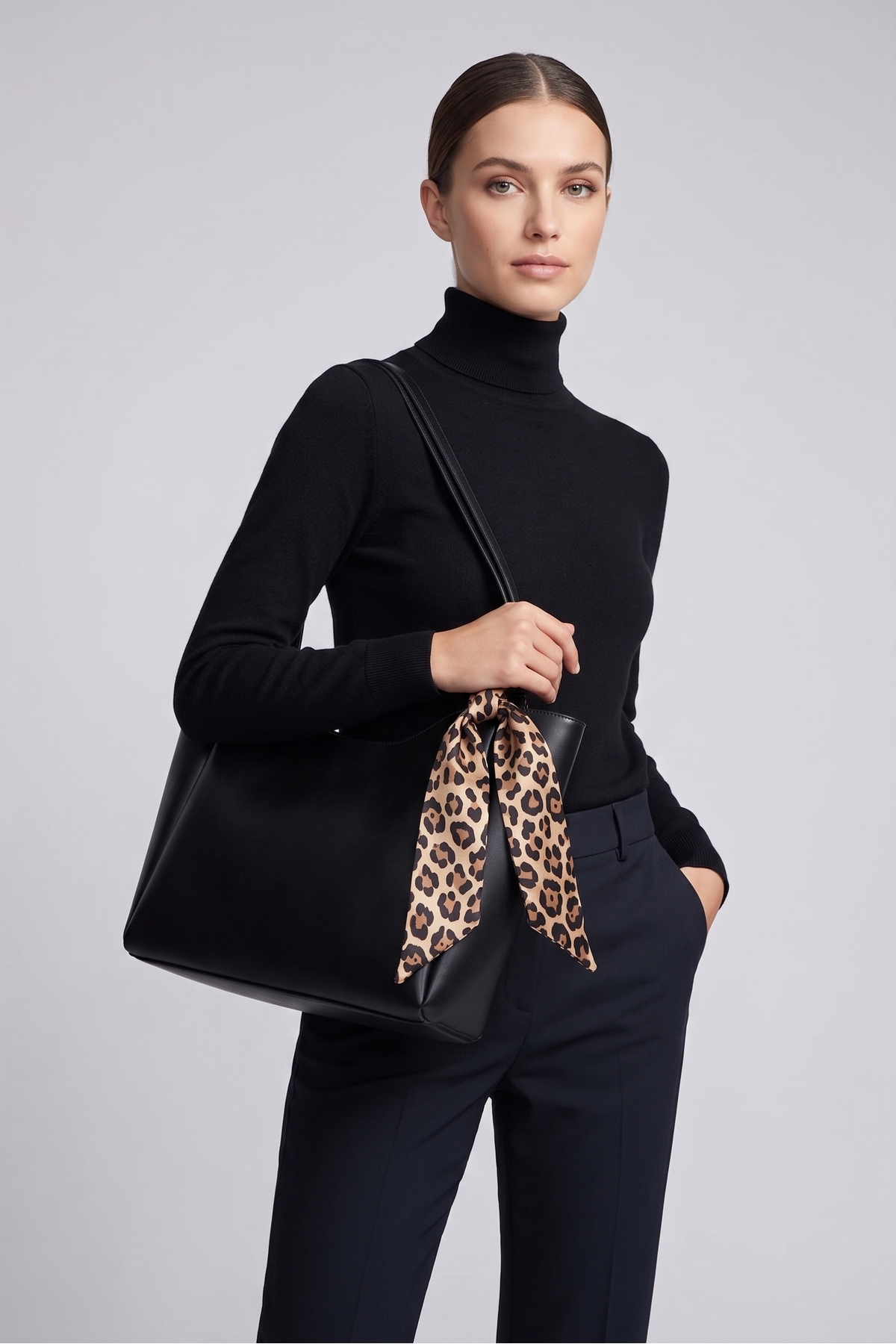 PurpleART Kadın Siyah Tote Çanta Fular Hediyeli Shopper Omuz Çantası 33x23x9cm görsel 2