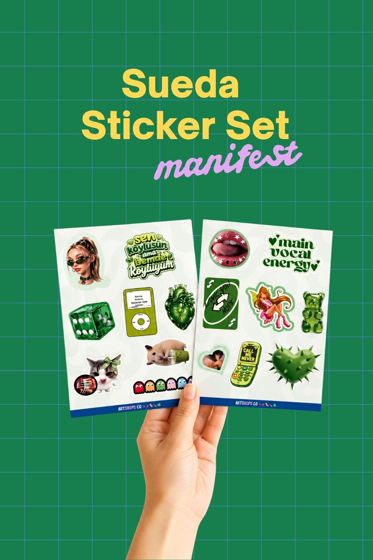 Manifest Sueda Yeşil Sticker Seti, Girlband Temalı Dekoratif Laptop ve Telefon Etiketi