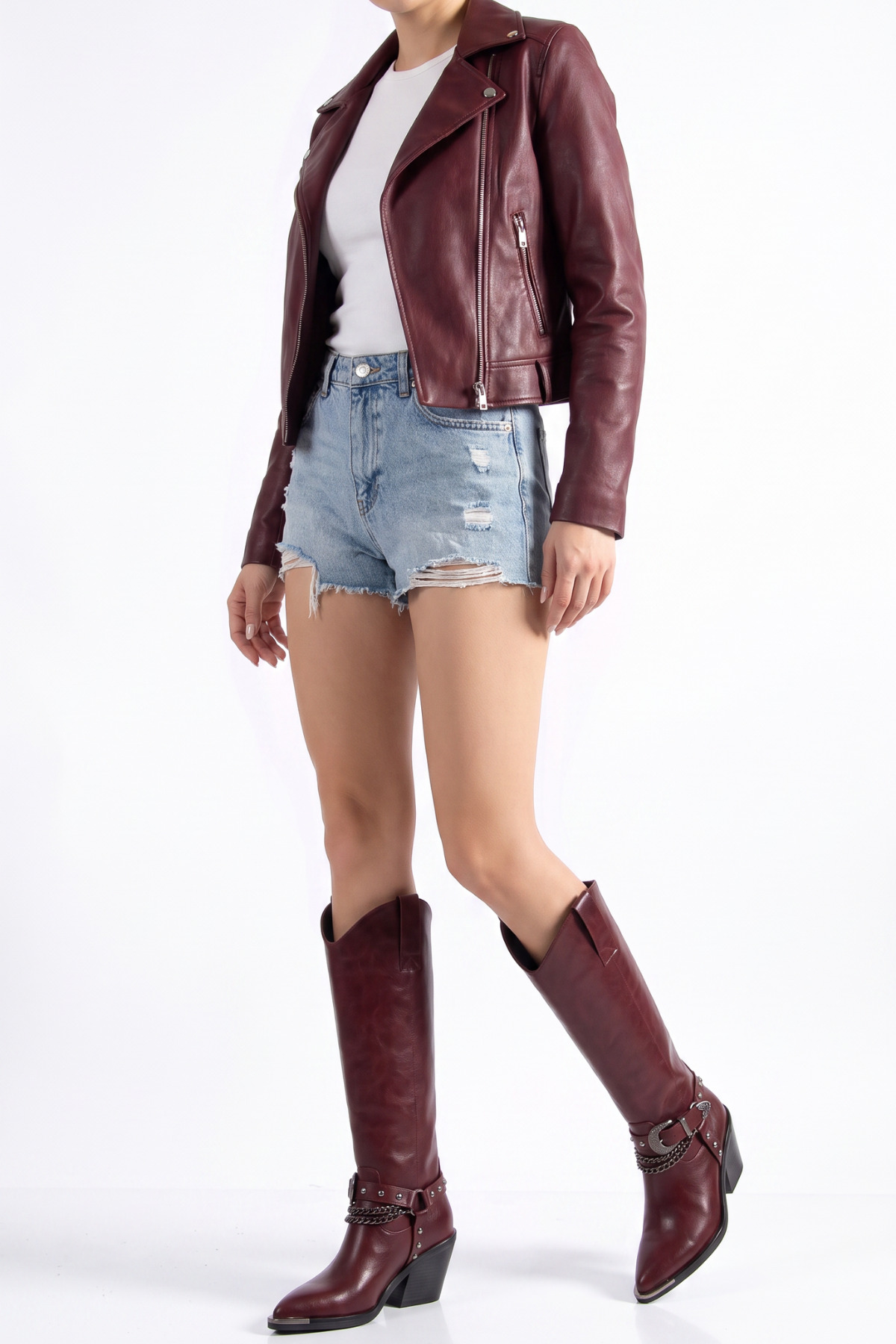 DENORA Bordo Mat Deri Zincir Toka Trok Detay Sivri Burun Western Kovboy Çizme görsel 6