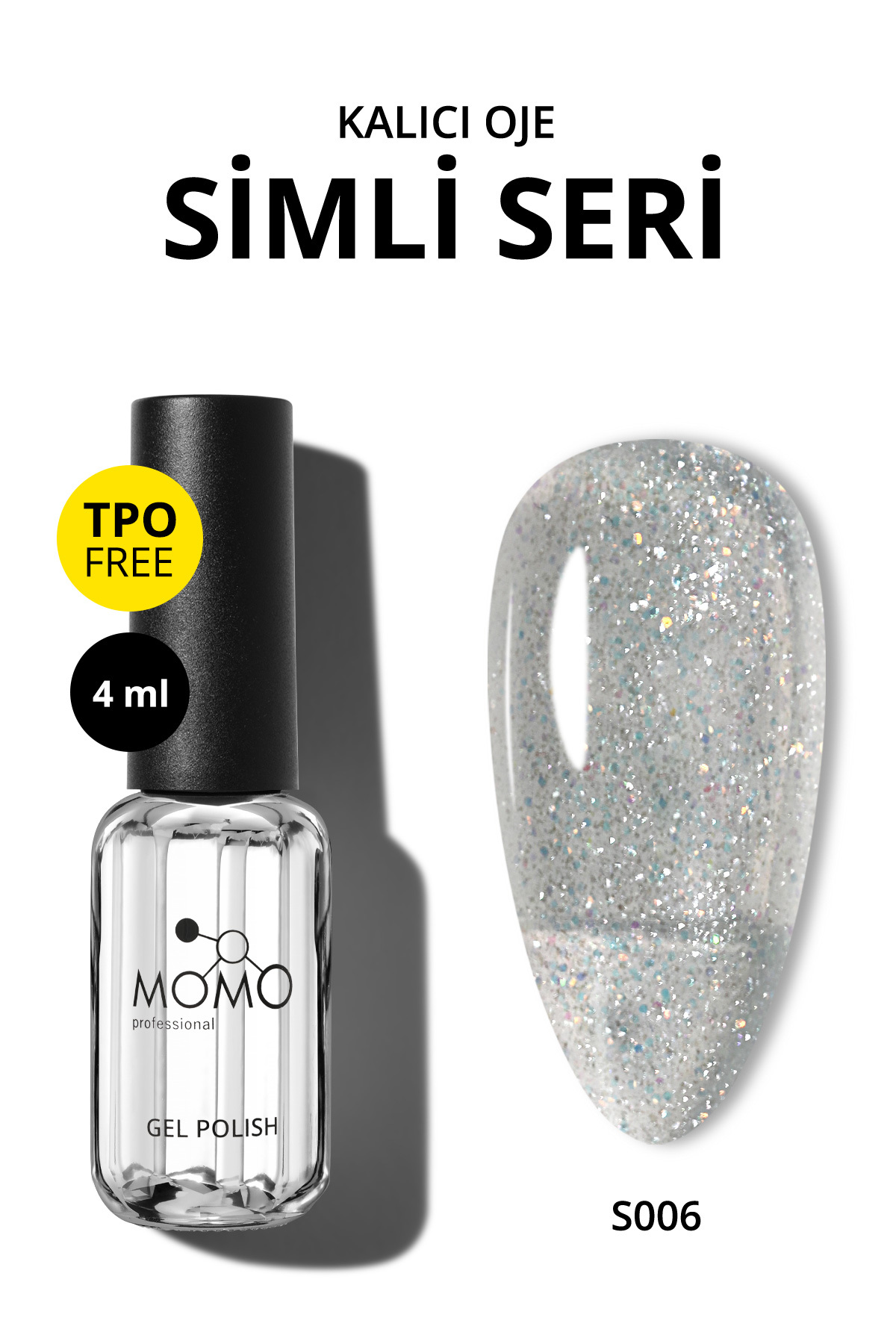 MOMO professional Kalıcı Oje S006, Renkli Simli Şeffaf, 4 ml — رنگارنگ 8860101A01S01S016
