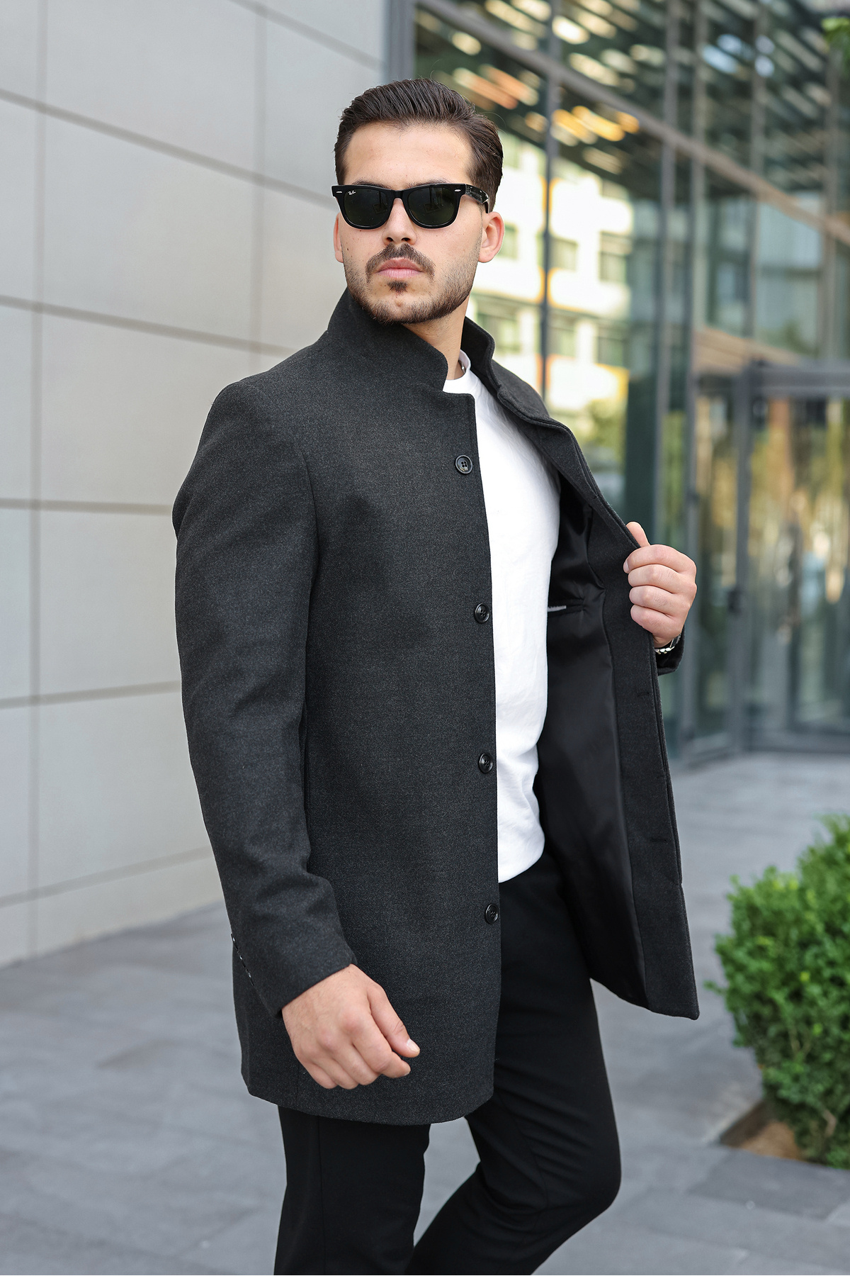 پالتو مردانه کشمیری یقه ایستاده باریک آنتراسیت — مشکی ۴۳۳ — تصویر 2 از 5
