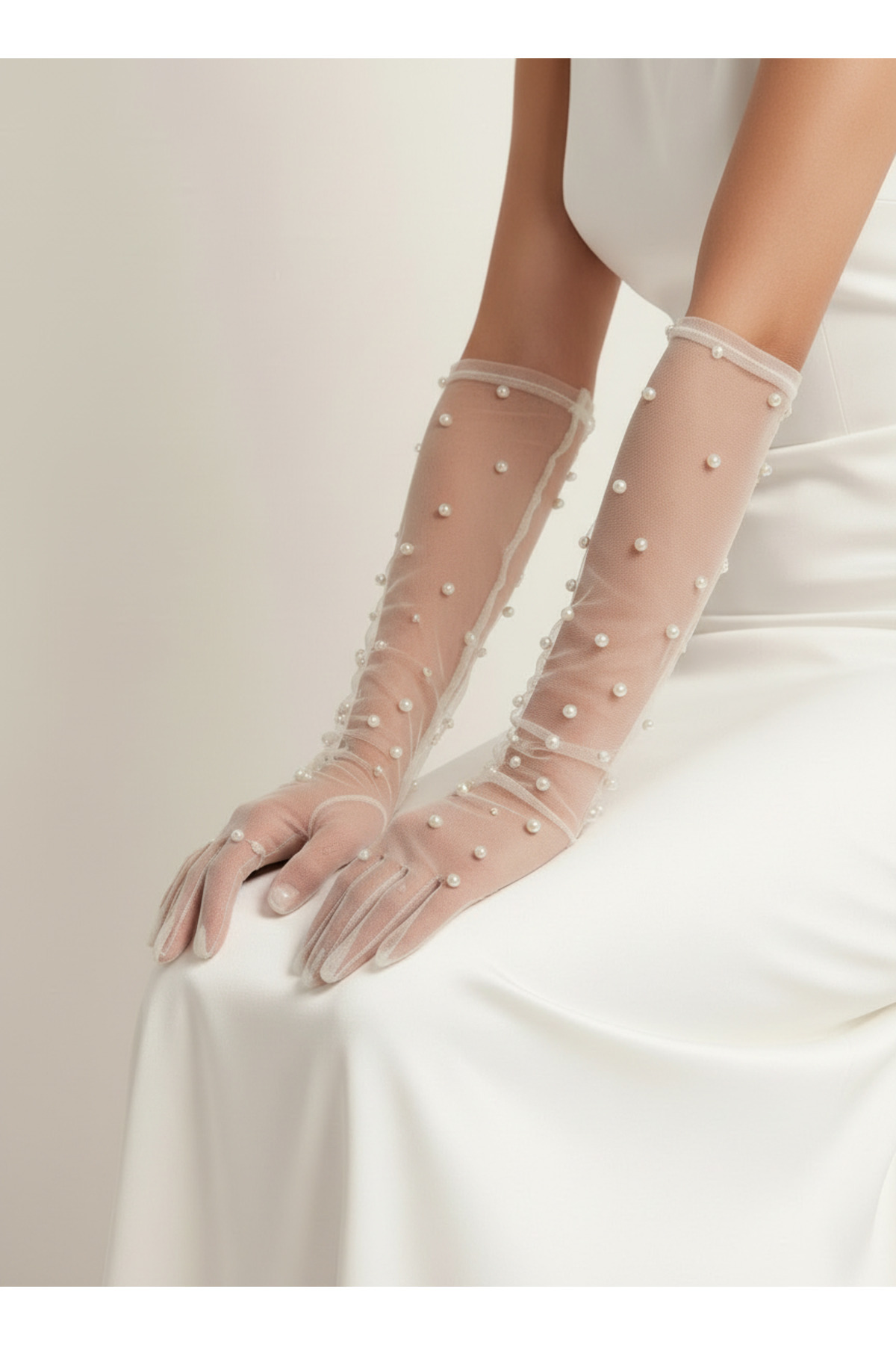 Mortex Beyaz İnci Süslemeli Tül Uzun Kadın Eldiven, Gelinlik, Gelin, Nikah, Düğün, Nişan, Kına, Balo, Davet, Parti, Kına Gecesi, Kostüm, Bride, Mezuniyet, Bekarlığa Veda Fotoğraf Çekimi Aksesuar Eldiveni görsel 4
