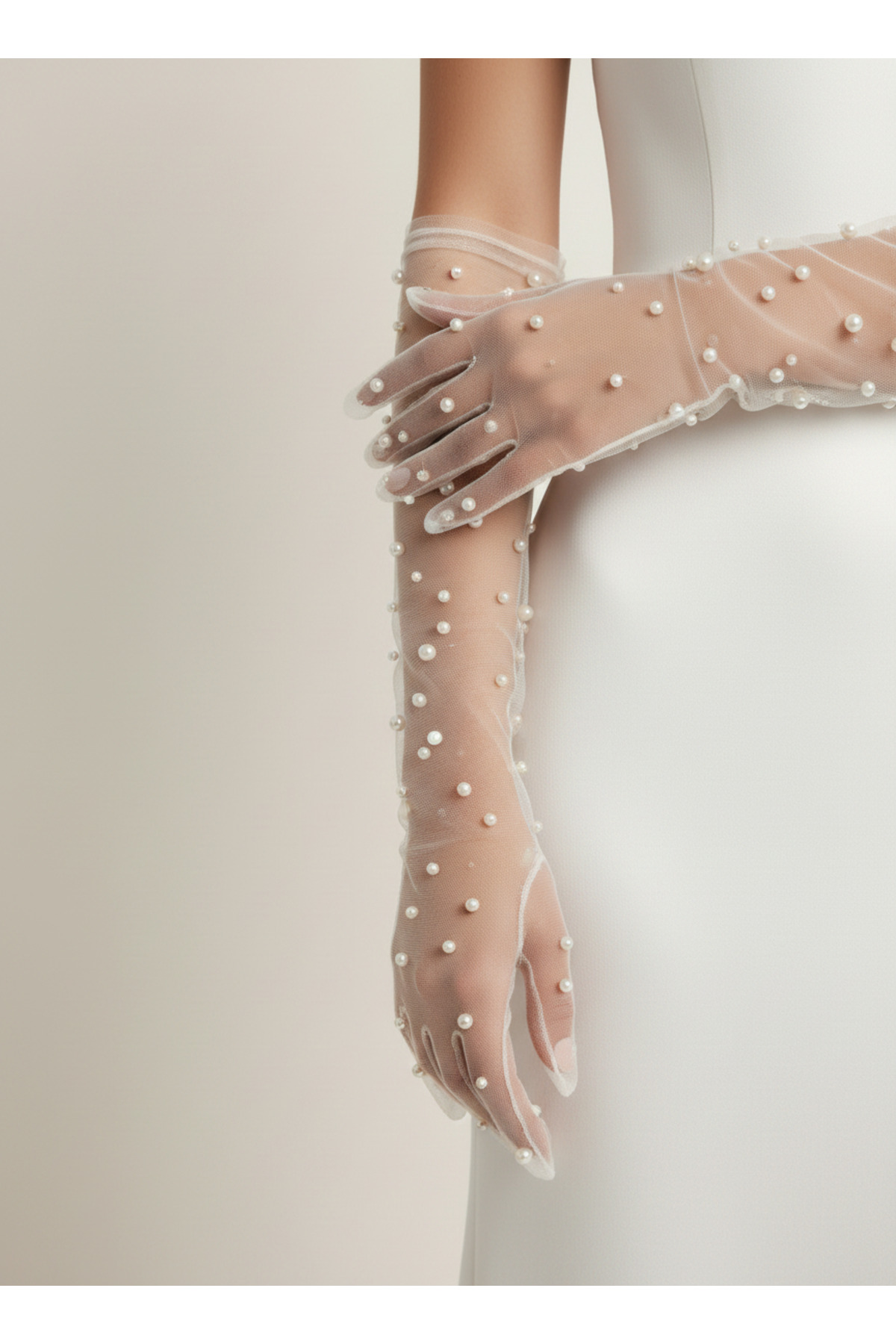 Mortex Beyaz İnci Süslemeli Tül Uzun Kadın Eldiven, Gelinlik, Gelin, Nikah, Düğün, Nişan, Kına, Balo, Davet, Parti, Kına Gecesi, Kostüm, Bride, Mezuniyet, Bekarlığa Veda Fotoğraf Çekimi Aksesuar Eldiveni görsel 5