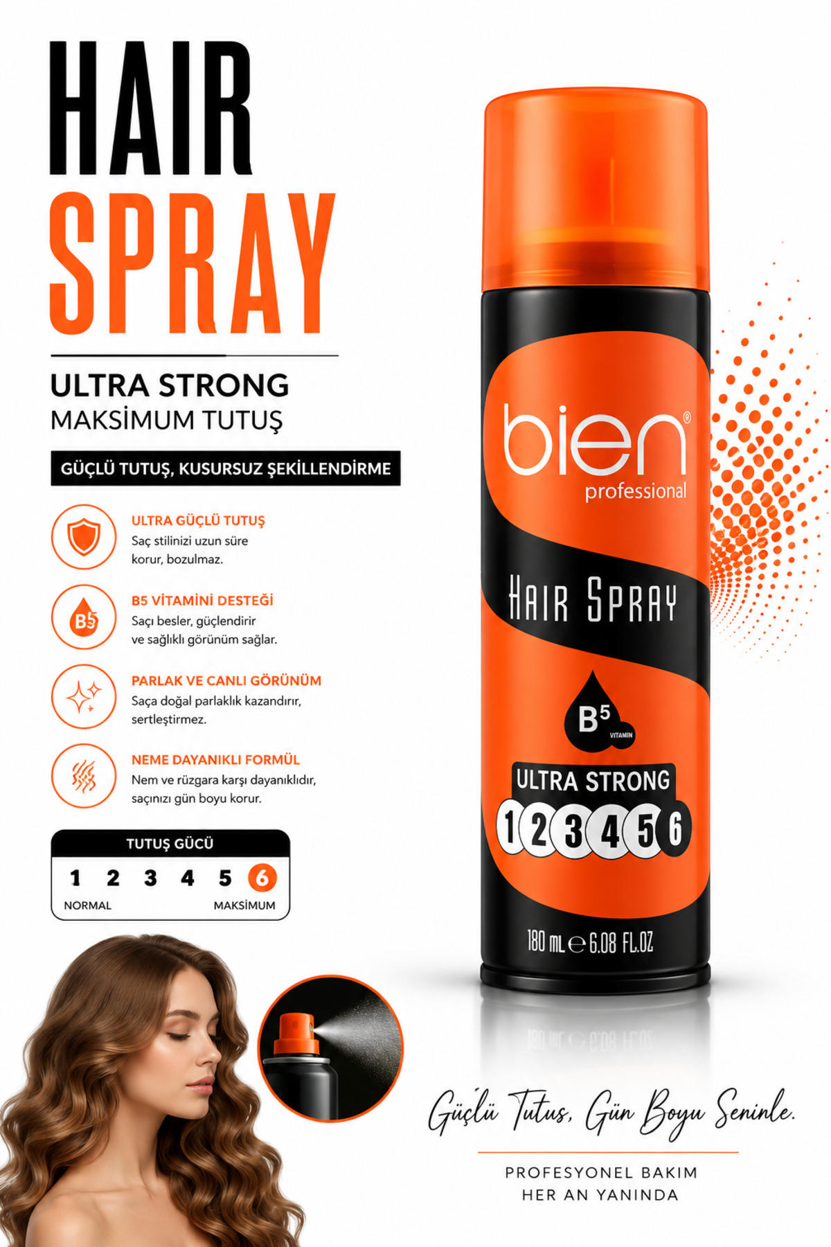 Bien Professional Ultra Strong Saç Spreyi B5 Vitaminli Ekstra Sert Tutuş Gün Boyu Kalıcı Şekillendirici — BİEN180MLTURUNCU