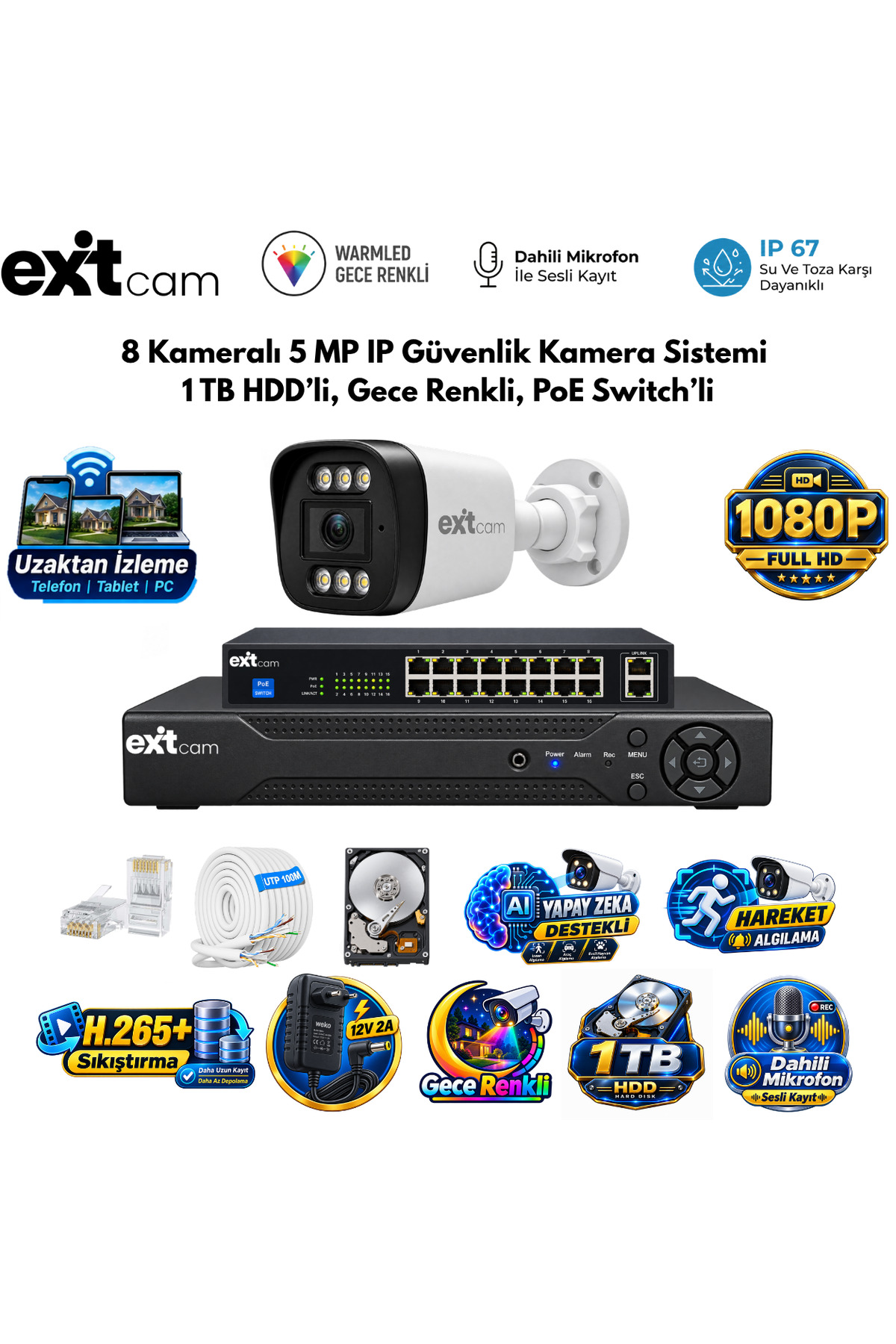 8'li IP- PRPFESYONEL-5MP-POELİ-SESLİ -Ultra HD 5MP IP Kamera -Yapay Zeka-1TB-Güvenlik Kamerası