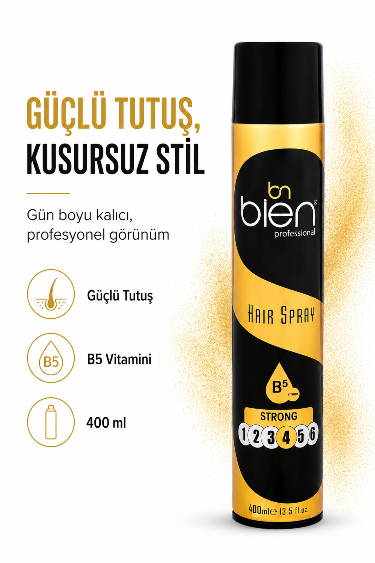 Bien Professional اسپری موی قوی حالت دهنده مو با ویتامین B5، اثر تثبیت کننده در تمام طول روز، 400 میلی لیتر — BIENSPREYSARISİYAH