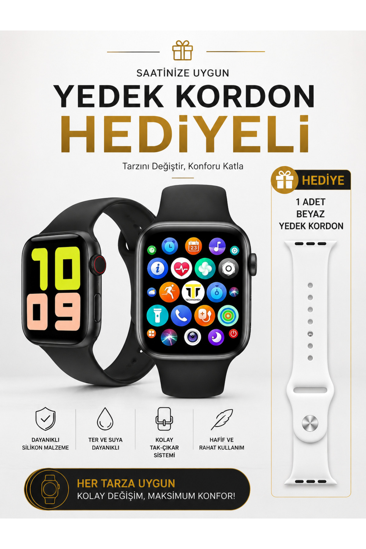 TECHNOMEN Akıllı Saat Türkçe Menülü Nabız Tansiyon Ölçer Arama Özellikli Çift Tuş Yedek Kordon Hediyeli
