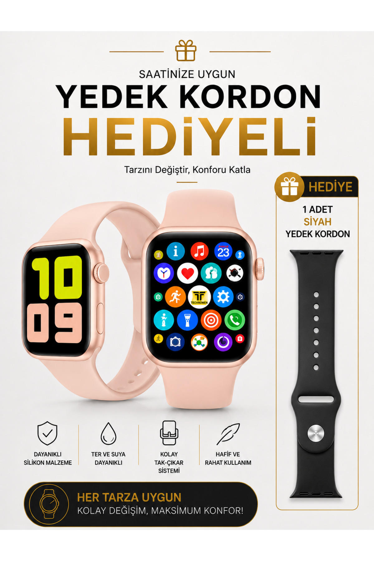 TECHNOMEN Akıllı Saat Türkçe Menülü Nabız Tansiyon Ölçer Arama Özellikli Çift Tuş Yedek Kordon Hediyeli