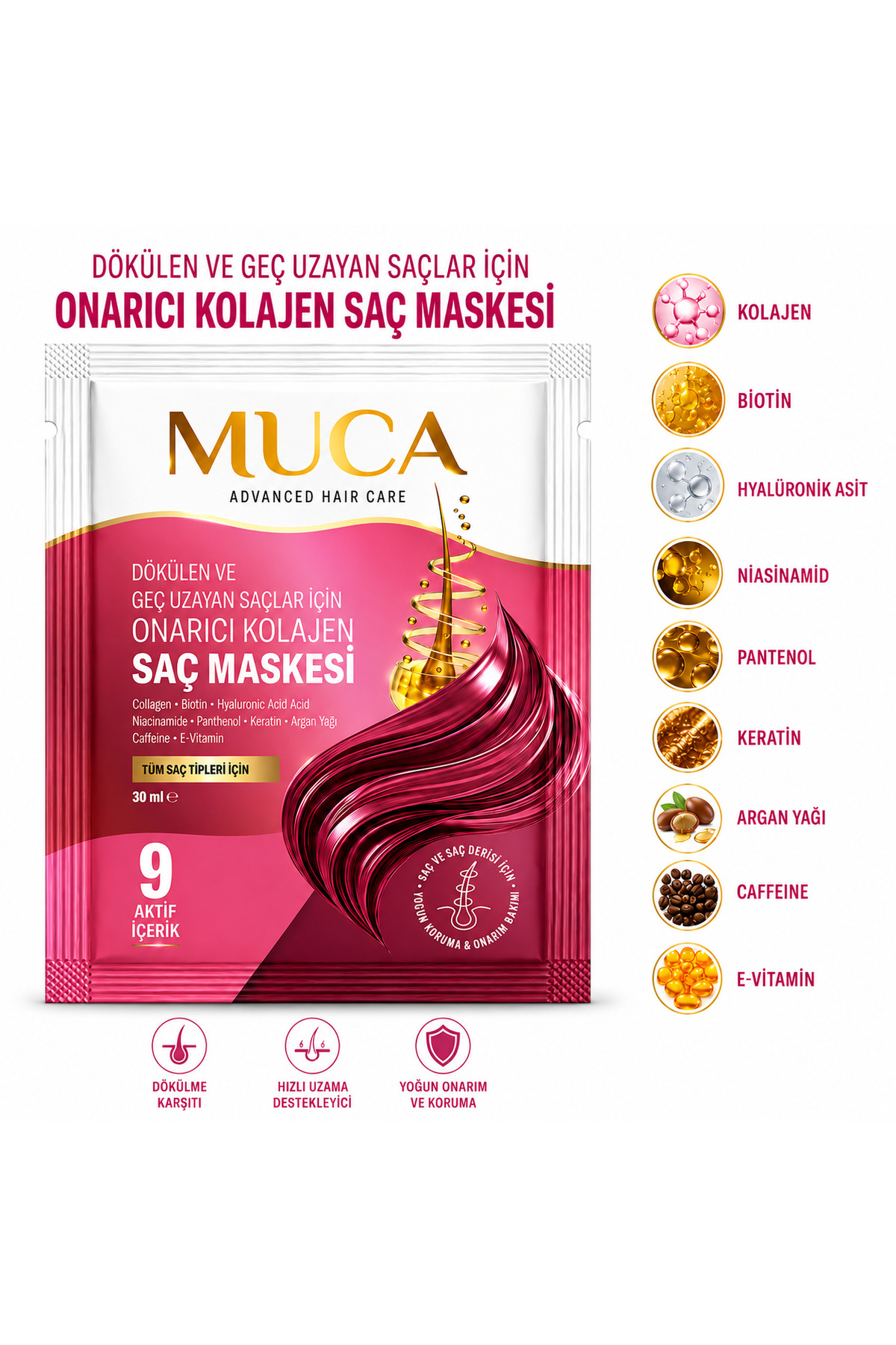 MUCA Kolajen Saç Maskesi Dökülen ve Geç Uzayan Saçlar İçin Onarıcı Kolajen Saç Bakım Maskesi 30 ml — kolajenmaske