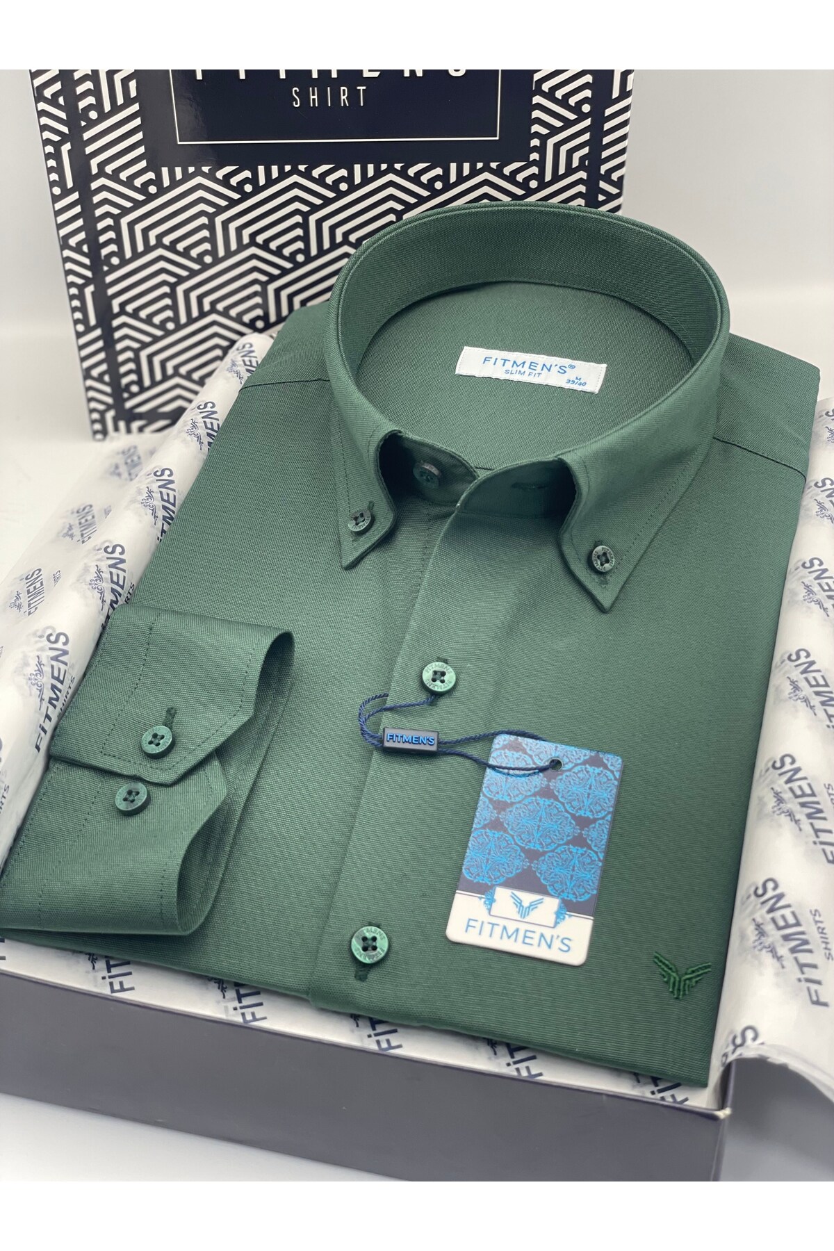 Slim Fit Uzun Kol Pamuklu Hediye Kutulu Kolay Ütülenebilir Erkek Gömlek FS-002225 - Koyu Yeşil — سبز — تصویر 3 از 6