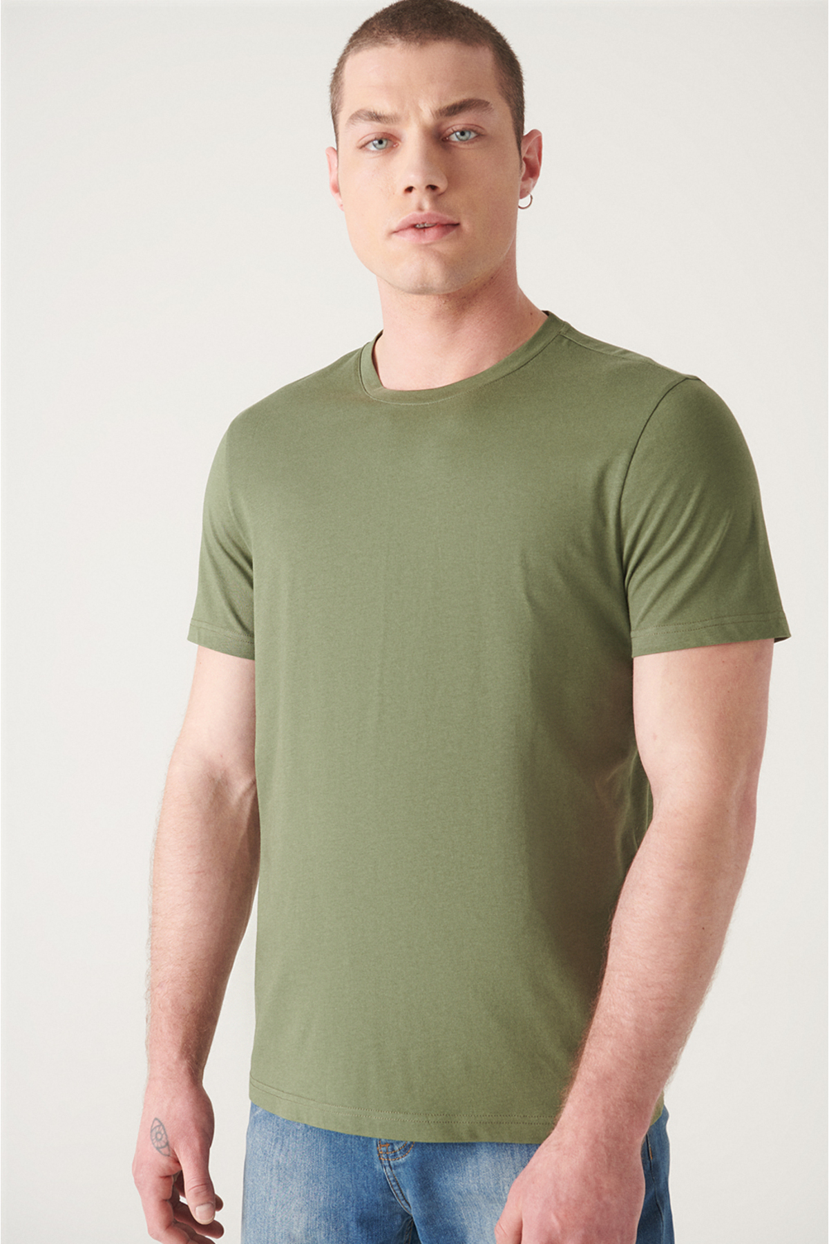 Avva Erkek Haki Basic Pamuklu T-shirt E001000 görsel 3